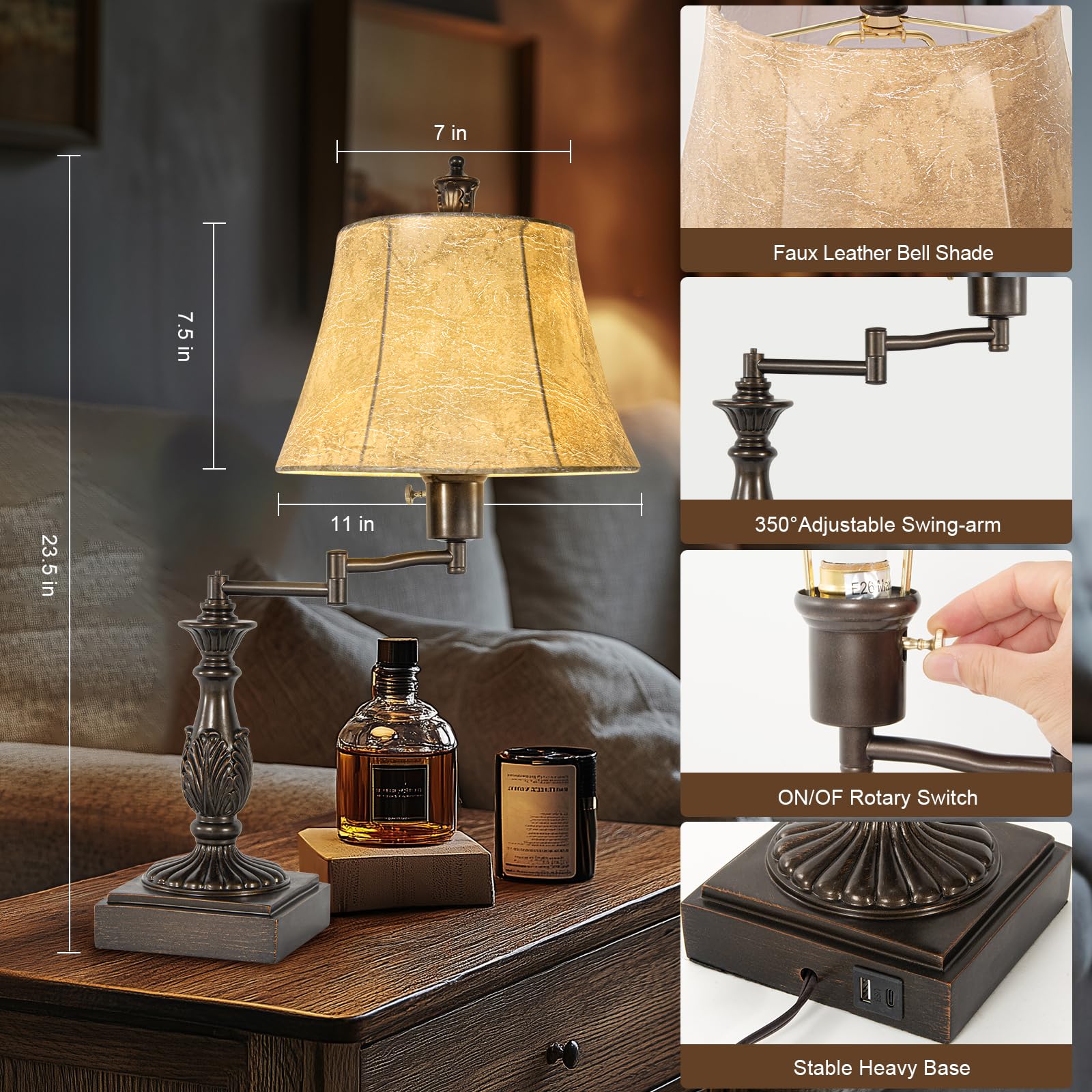 Scenekoy 23.5" Rustic Adjustable Swing Arm Table Lamp Set of 2 with USB Ports, Brown Faux Leather Shade, Model SL016-2