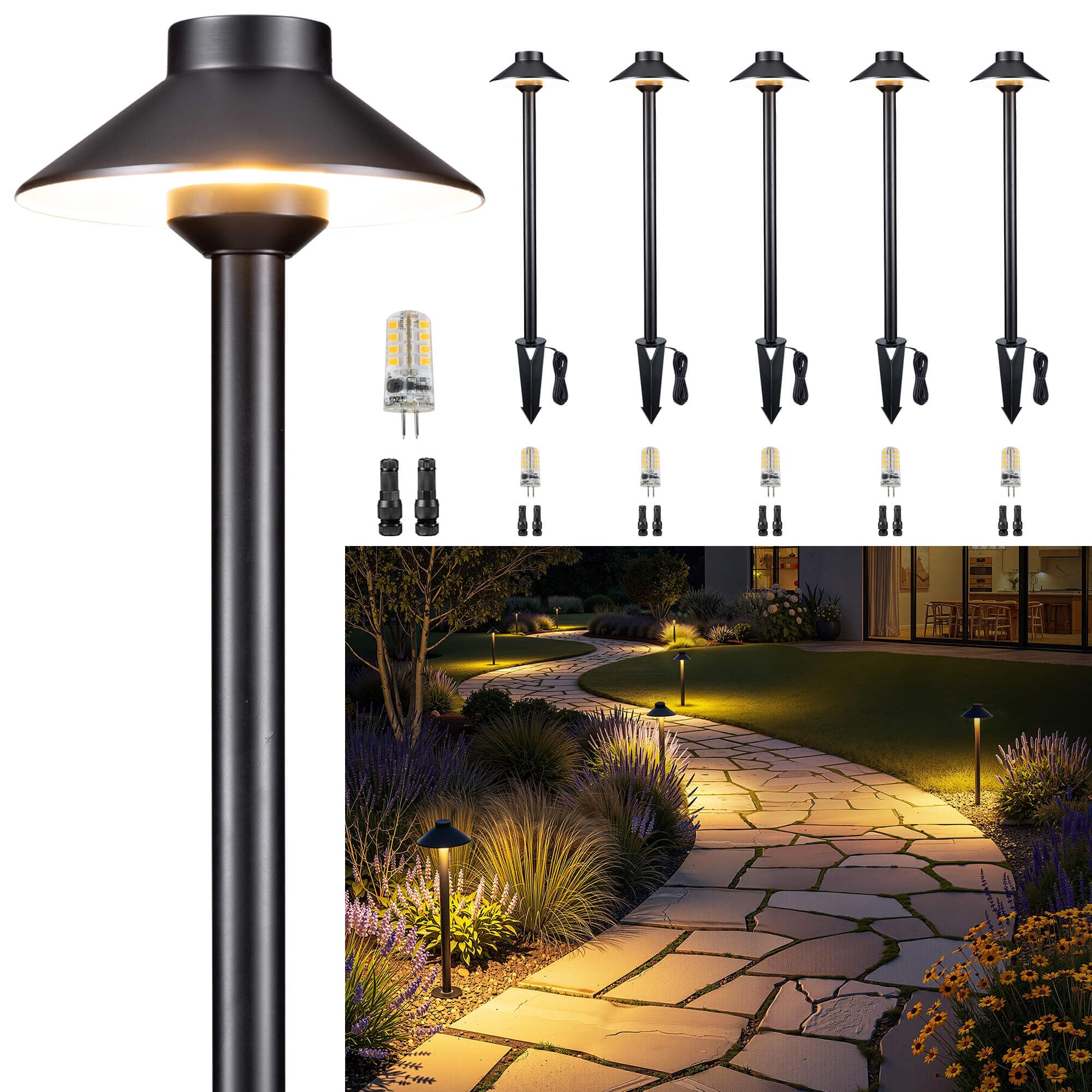 Gardenreet Solid Cast Brass Pathway Lights  12v Landscape Path Light Outdoor Waterproof  Electric Walkway Lights Wired  Hat Shape Black Garden Area with 3W 270LM 5000K Daylight G4 Bulb (6 Pack)