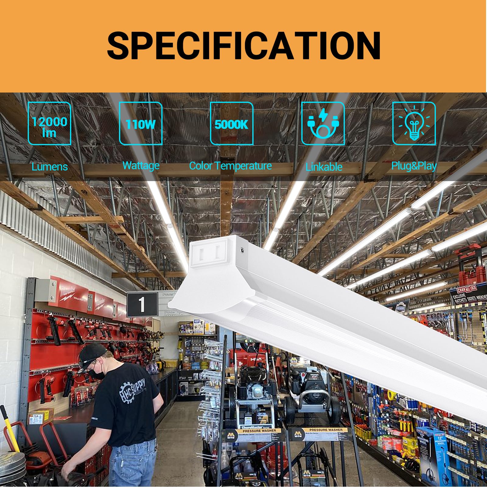 FAITHSAIL 8FT LED Shop Light, 110W, 12000 LM, 5000K, Metal, White, 4 Pack