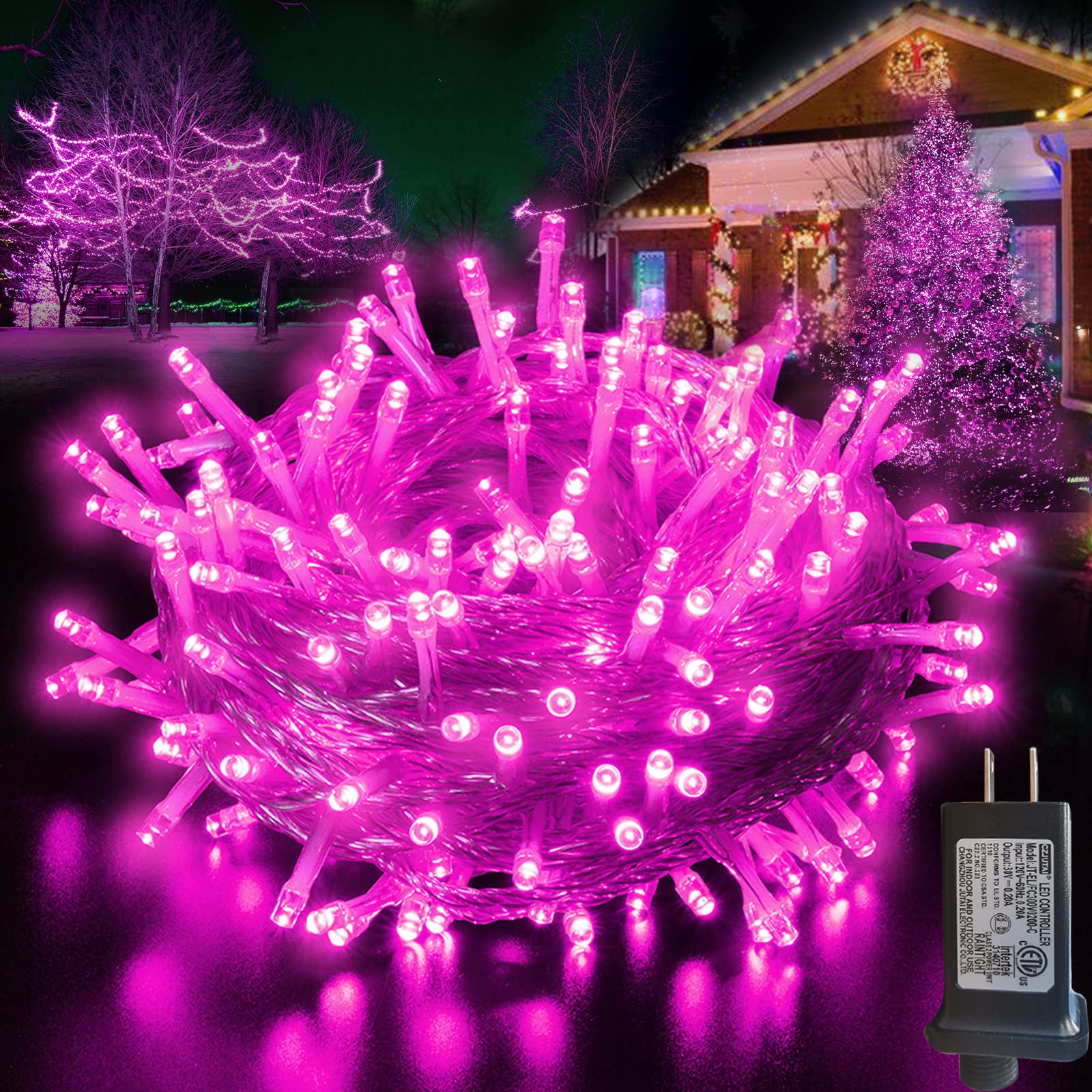 Pooqla 66ft 200 LED Pink String Lights, Clear Wire, Indoor Outdoor, 8 Modes, Model LR-(1-1000) L-SL02