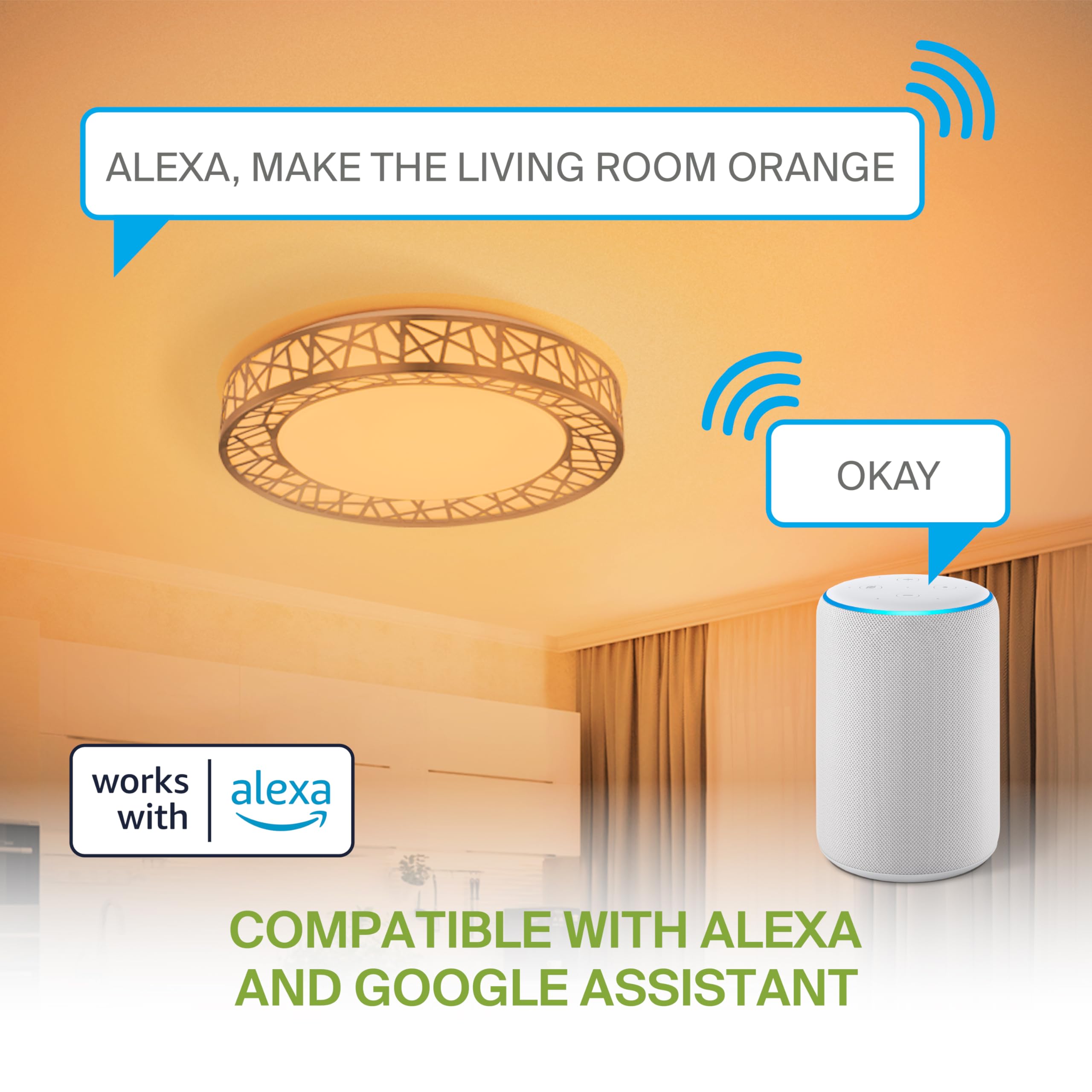 ASD Smart RGBW Flush Mount Ceiling Light, 20W, Dimmable, 12in, Brushed Nickel, WiFi Control, Model A-LFM12D20SRGBW-N