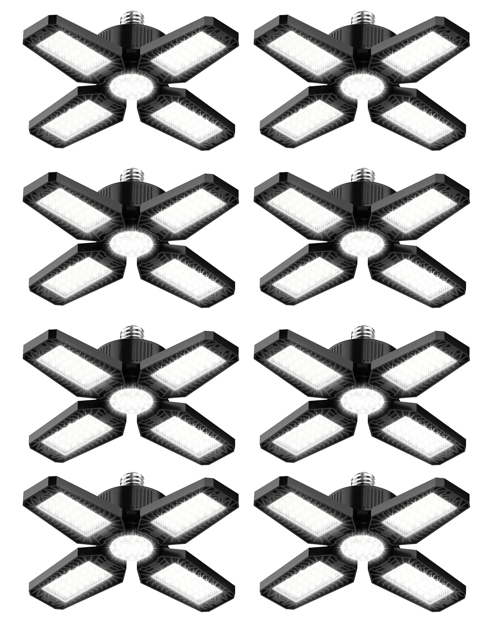 HAPYLUMI 8 Pack LED Garage Light - 120W 12000LM Deformable LED Garage Ceiling Lights with 4+1 Panel 6500K Garage Lighting LED E2