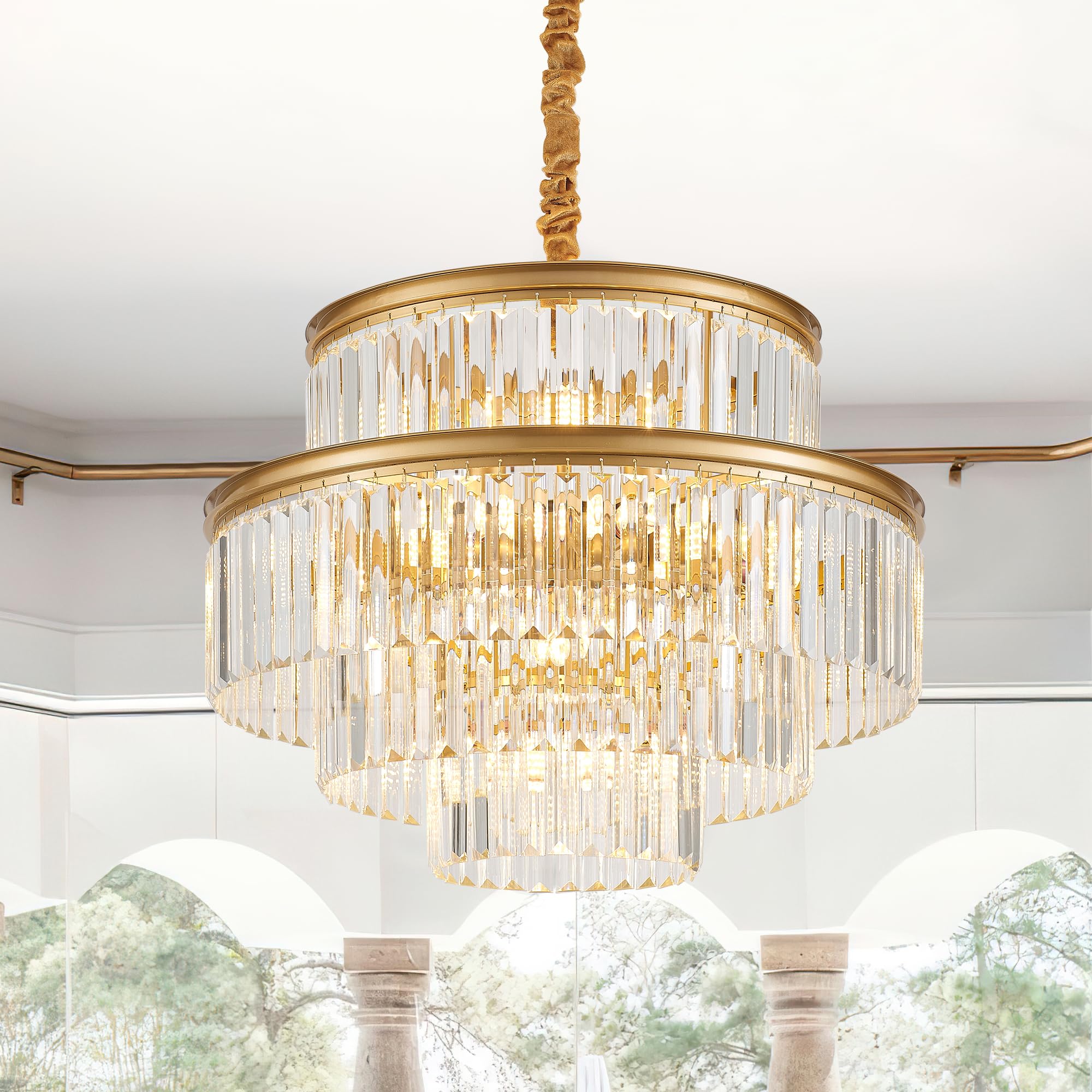 Brfaixla 21.6 14-Light Modern Crystal Chandelier Light Fixtures 4-Tier Gold stylish Chandeliers For Dining Room Round Hanging Pendant Lighting For Living Room Kitchen Entryway Bedroom Foyer Hallway