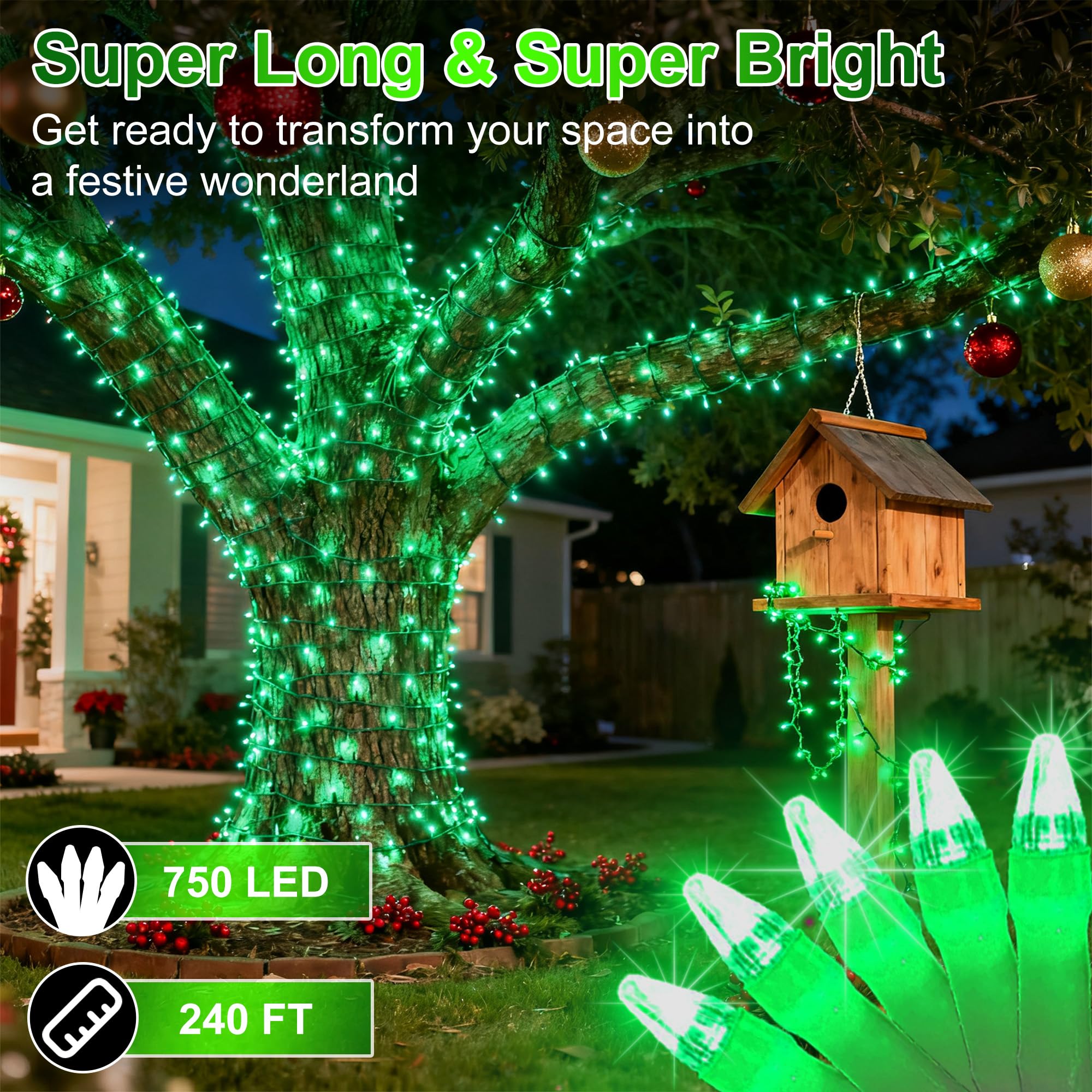 750 Led 240Ft Christmas String Lights Outdoor  12 Pro Modes And Timer Memory & Brightness  Plug In Outdoor Waterproof Clear Wire Twinkle Light For For Xmas Yard Tree Wedding Party Decor (Green)