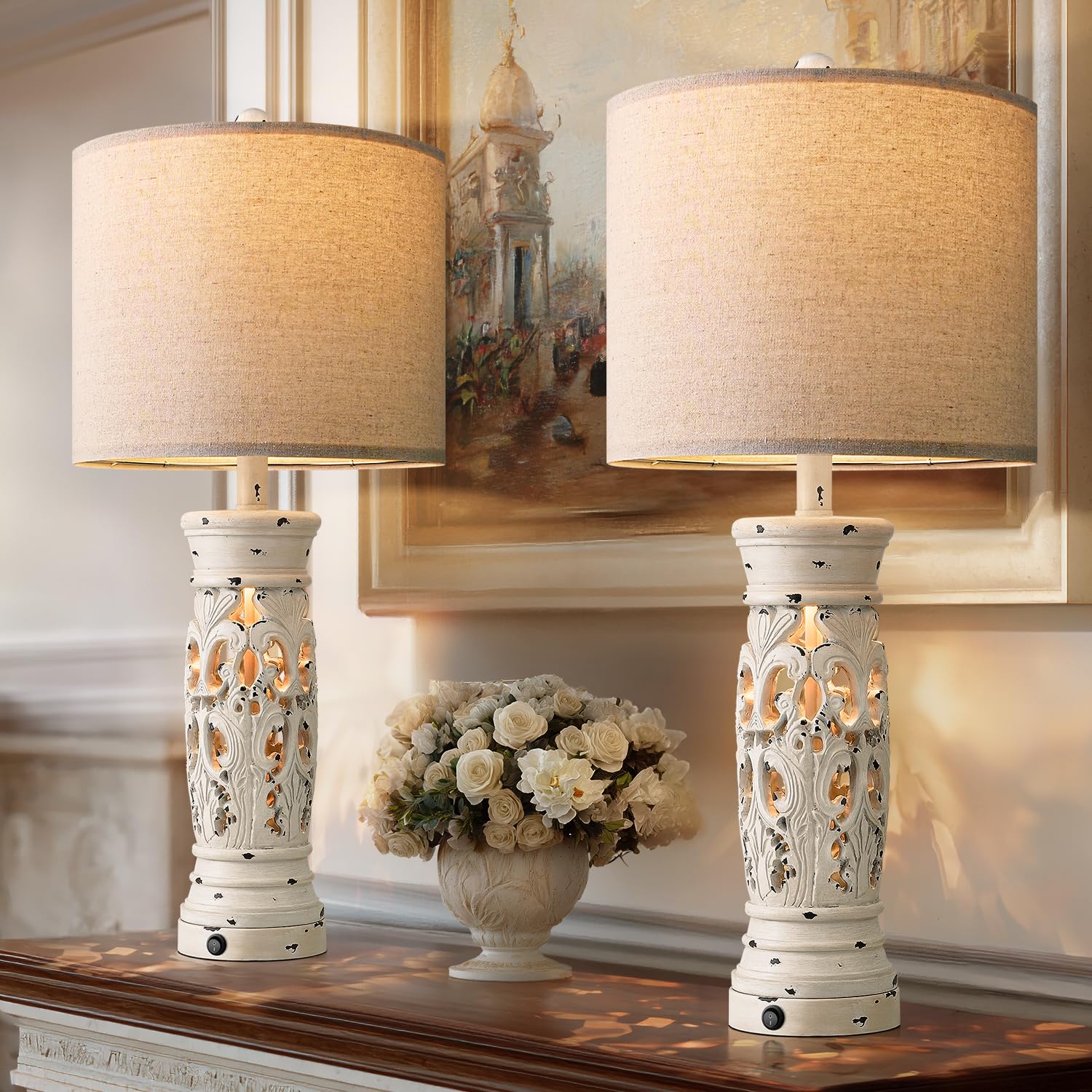 BOBOMOMO 27.25  Farmhouse Table Lamps Set of 2 - Antique White Bedside Lamps with Night Light & USB A+C Ports  Vintage Lamps for Bedroom  Living Room  Entryway  Console Table (Bulbs Included)