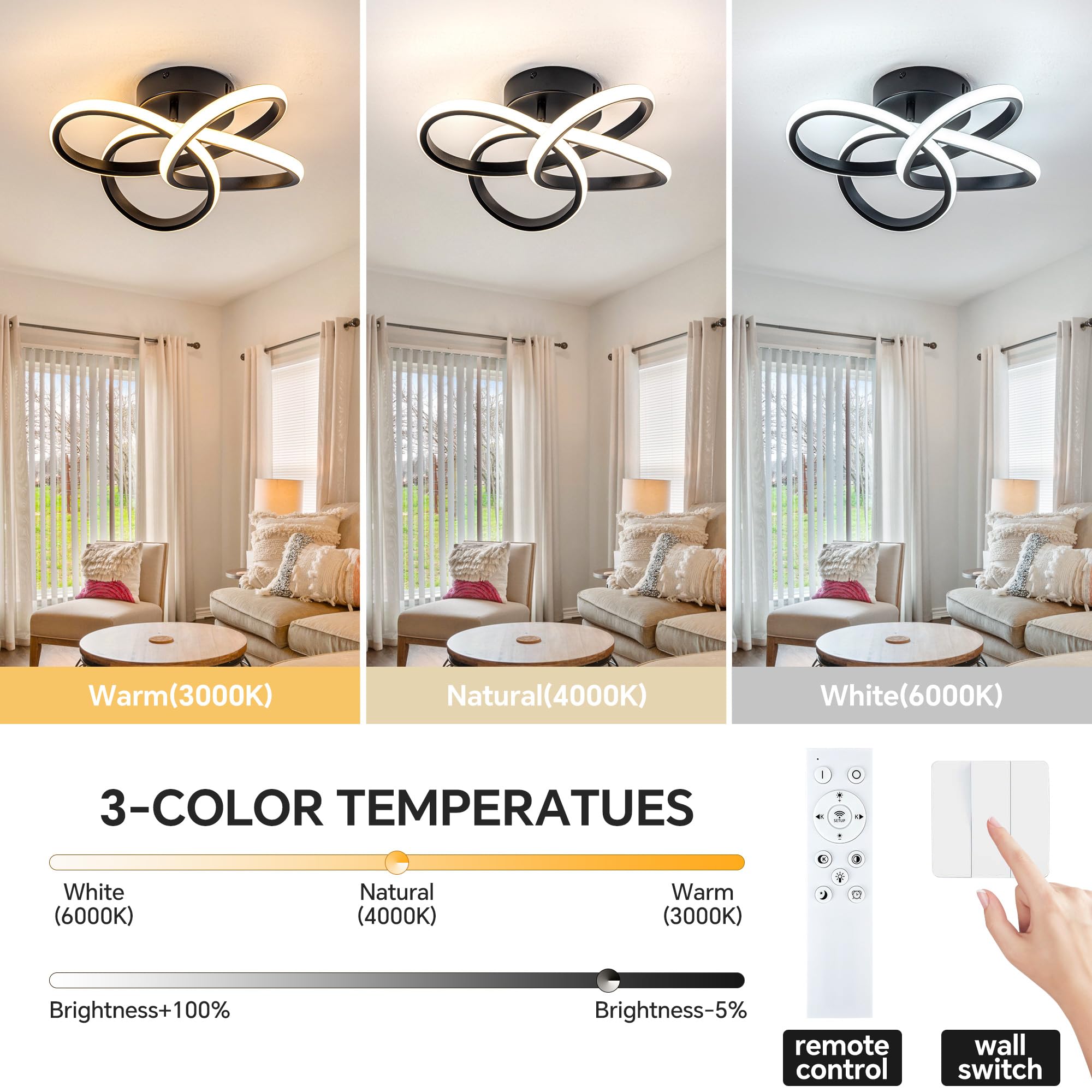 TIAZFCA Modern Ceiling Light, 36W LED Dimmable Ceiling Light with Remote Control, 3000-6000K Color Temperature Changing, Balck S