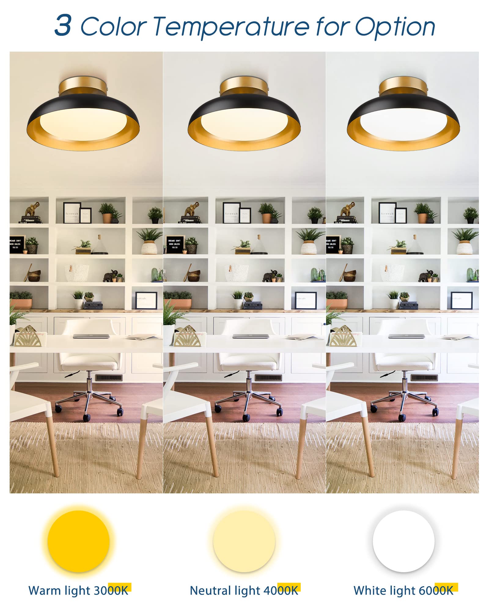 Kudos Flush 12-Inch Led Light Fixture, Black And Gold Finish, 12W/1200Lm For Bedroom, Hallway, 3000K/4000K/6000K Adjustable, Kdcl01-Bk