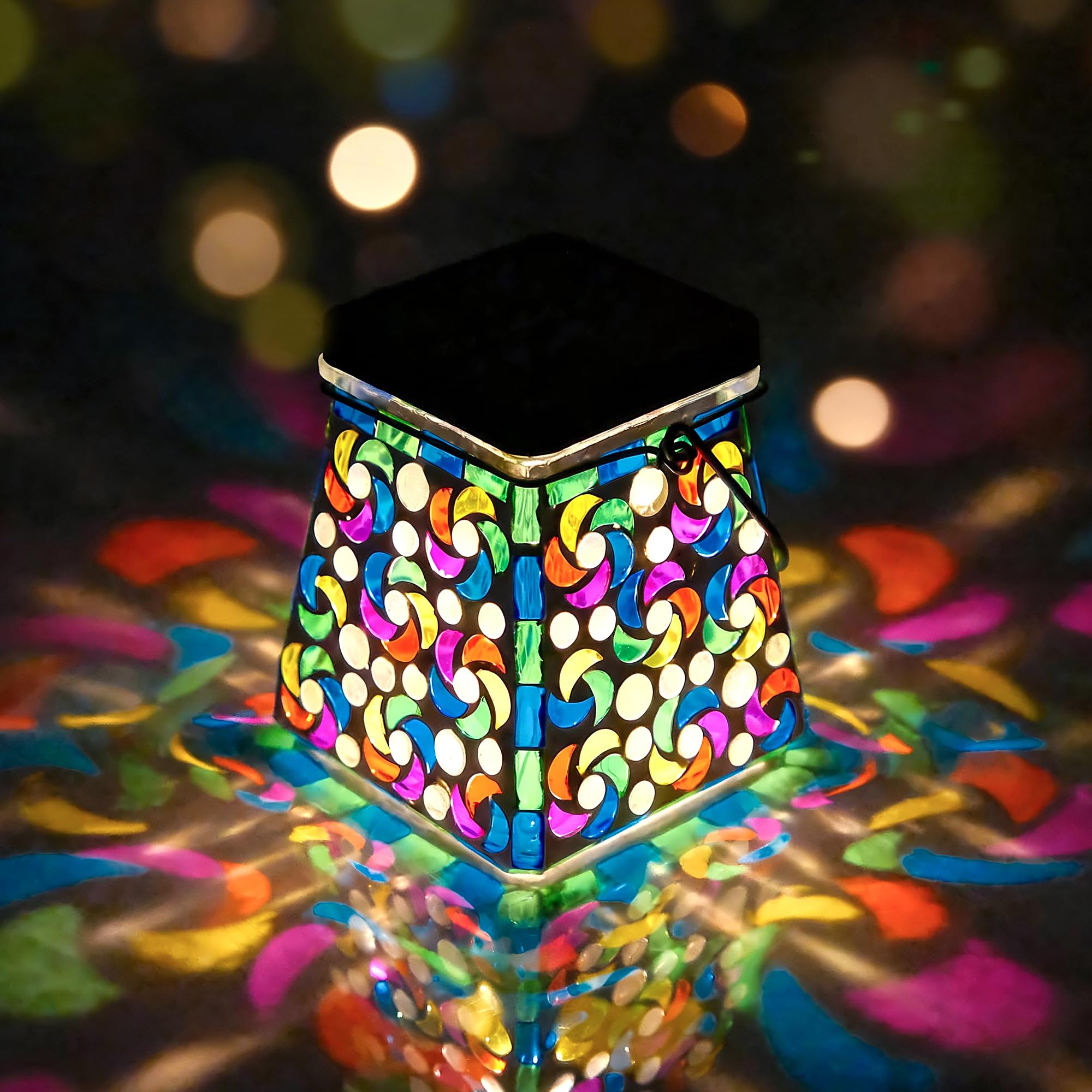 SAVENNA Mosaic Solar Lantern,Handcrafted Glass Outdoor Hanging or Table Lantern,600mAh Long Lasting Garden Light for Patio, Yard