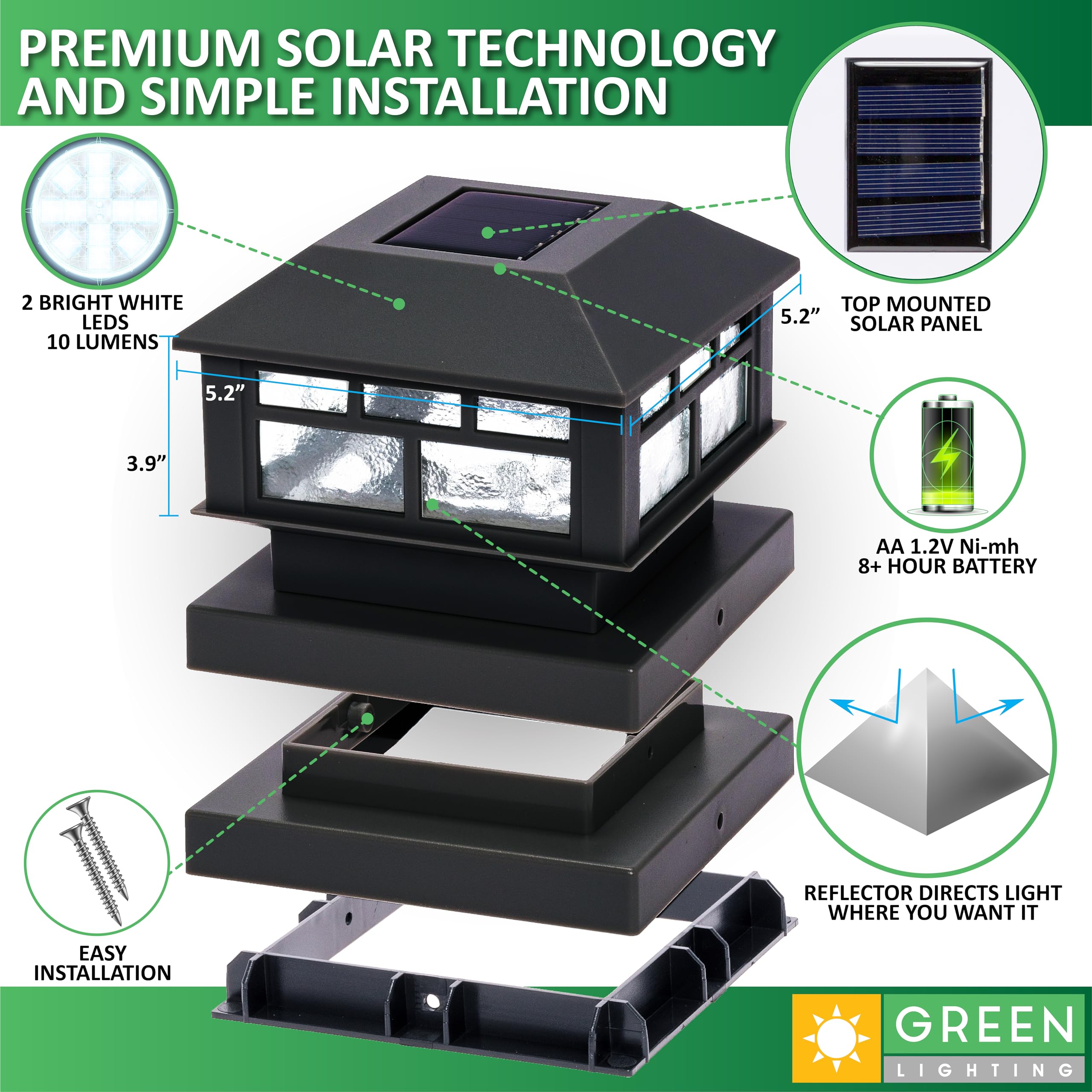 GreenLighting Solar Post Cap Lights - Waterproof Black, 12 Pack, Fits 4x4 & 5x5 PVC/Vinyl, Bright LED, Outdoor Landscaping & Garden