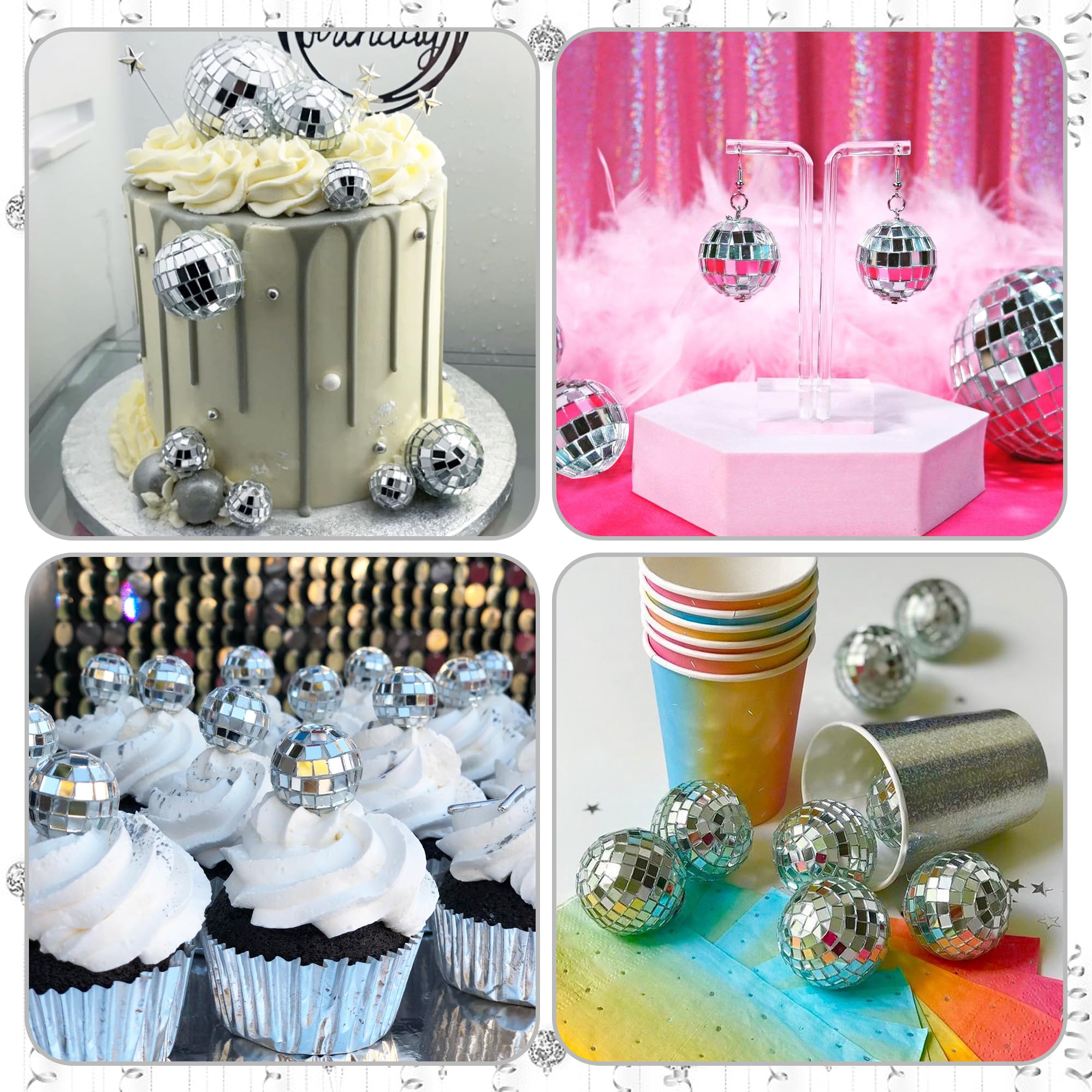 68 PCS Disco Ball Cake Decoration Ornaments Reflective Mirror Ball Cake Decoration 70s Disco Themed Party Decoration Silver Disc