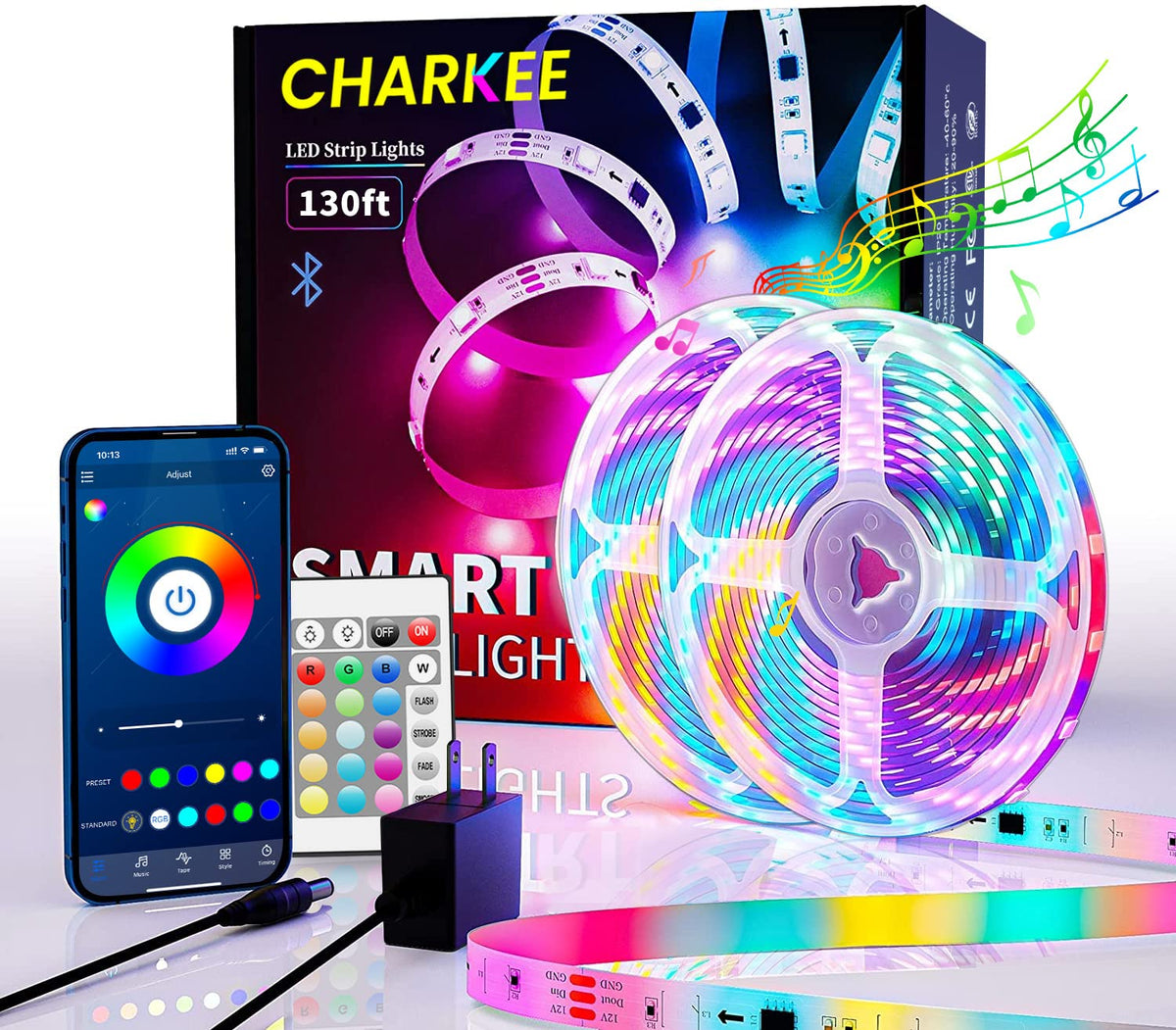 Charkee 130Ft Led Strips Lights (65.6Ft*2) Full Color Sync Music, Dimmable And Color Changing Rgb Led Strip Lights, 24 Volt Blue