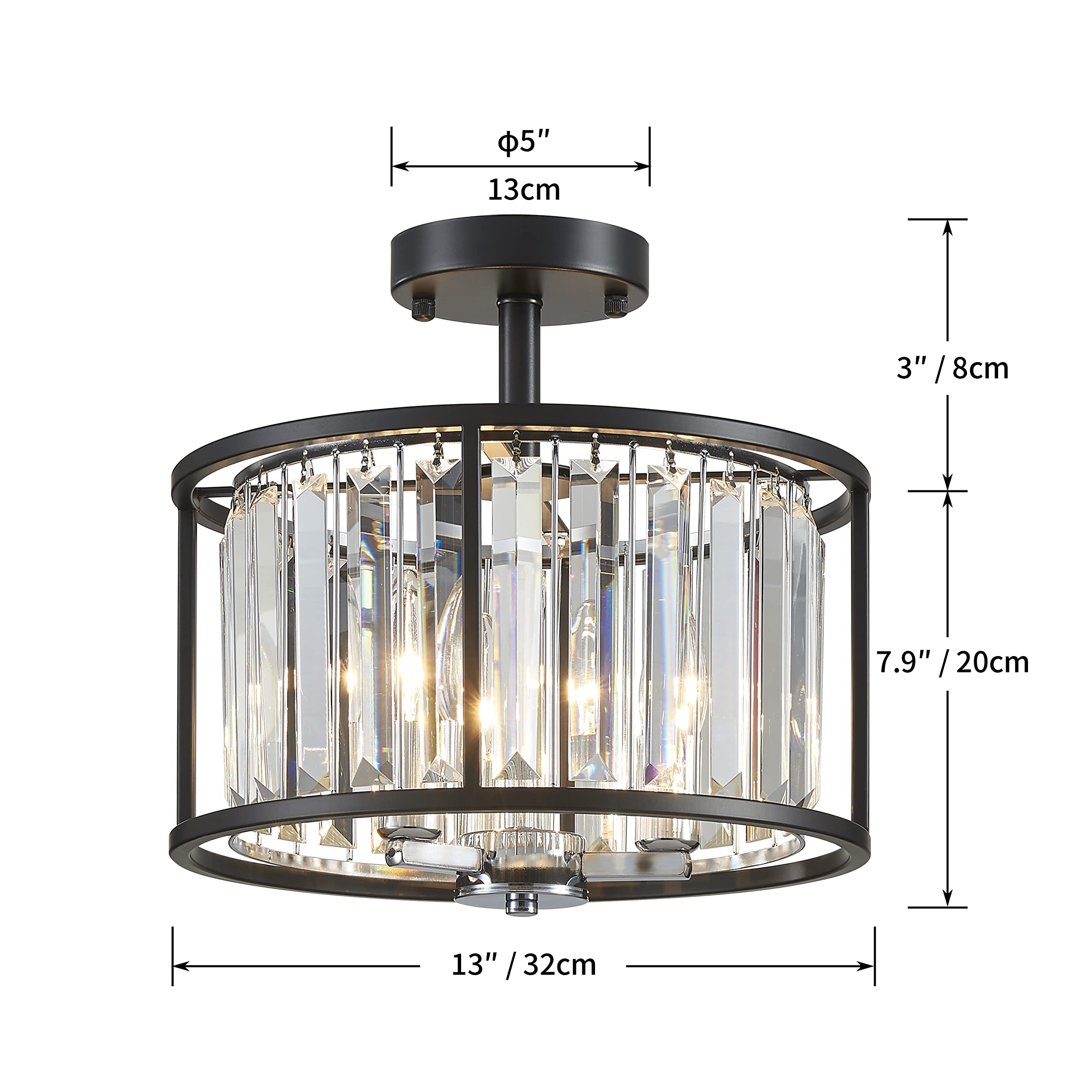 Agv Lighting Cl005Bb K9 Crystal Semi Flush Mount Ceiling Light Fixture, Modern Design, E12 Base 3-Lights, D13 X H15, Chrome & Ma