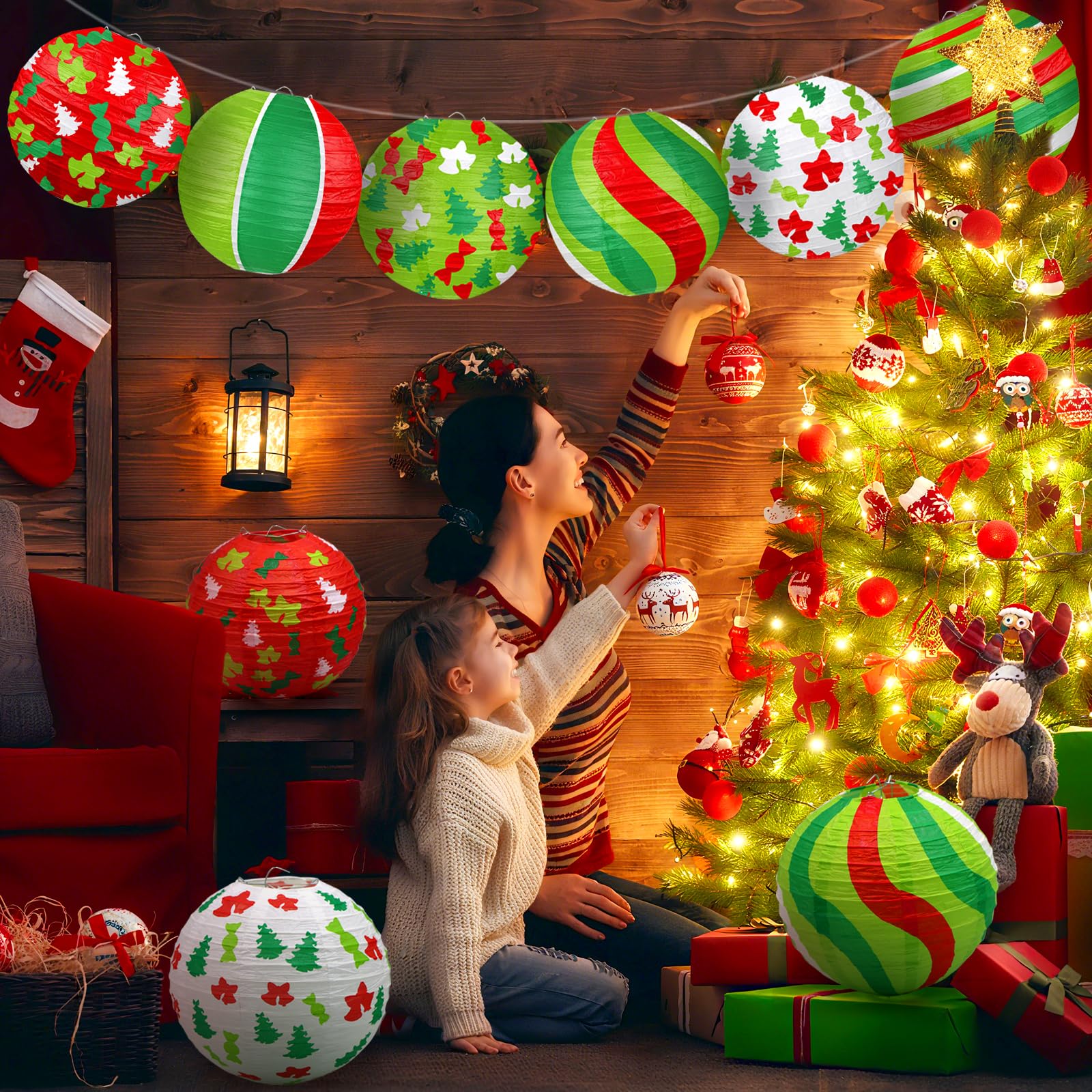 ADLKGG Christmas Paper Lanterns, 12 Pcs, Red Green Trees & Bells, Indoor Outdoor Holiday Decorations, Model 001