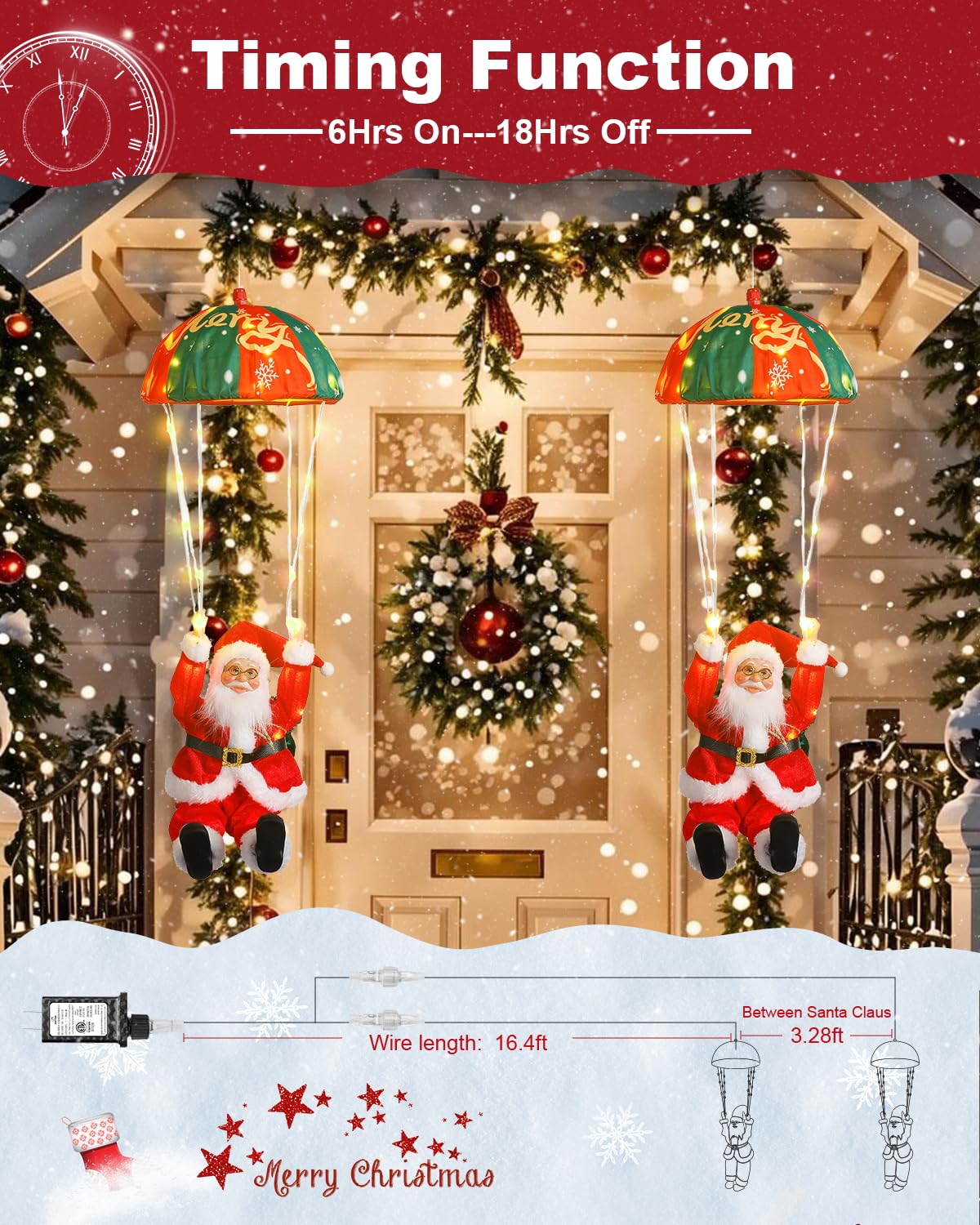 Christmas Parachute Santa Lights - Plug in Set of Two Santa Lights with 8 Lighting Modes and Timer, Hanging Lighted 2 Santa Clau