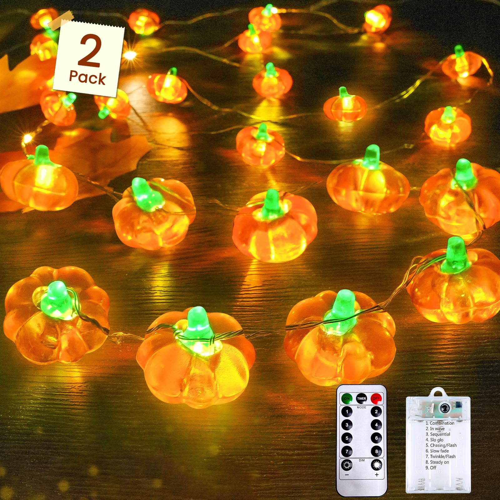 2 Pack 60LED Fall Decoration 3D Pumpkin String Lights Battery Operated  20FT Fall Lights with Remote  Waterproof 8 Modes Fairy Lights for Autumn Harvest Thanksgiving Halloween Decor