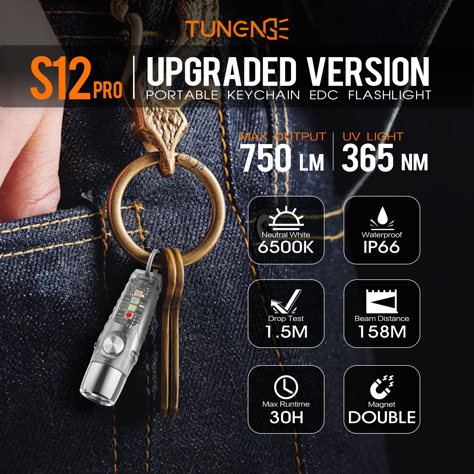 TUNENGE S12Pro Keychain Flashlight, 750 Lumen Mini EDC Light, 11 Modes, Rechargeable, White