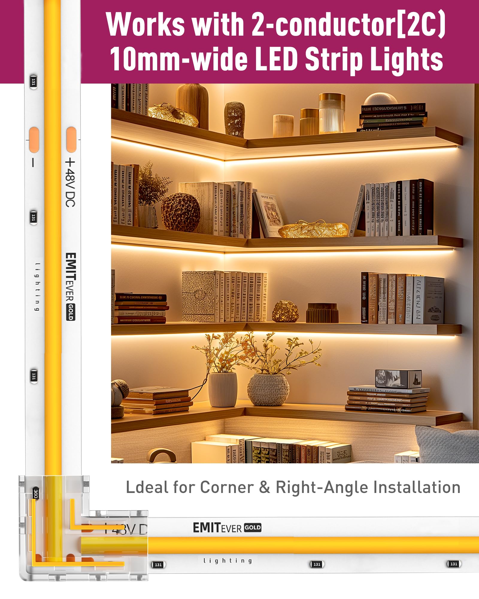 Emitever 10Mm Led Strip Connectors 12Pcs, Led Corner Connector L-Shaped Gapless Connection Solderless Transparent Tape Light Con