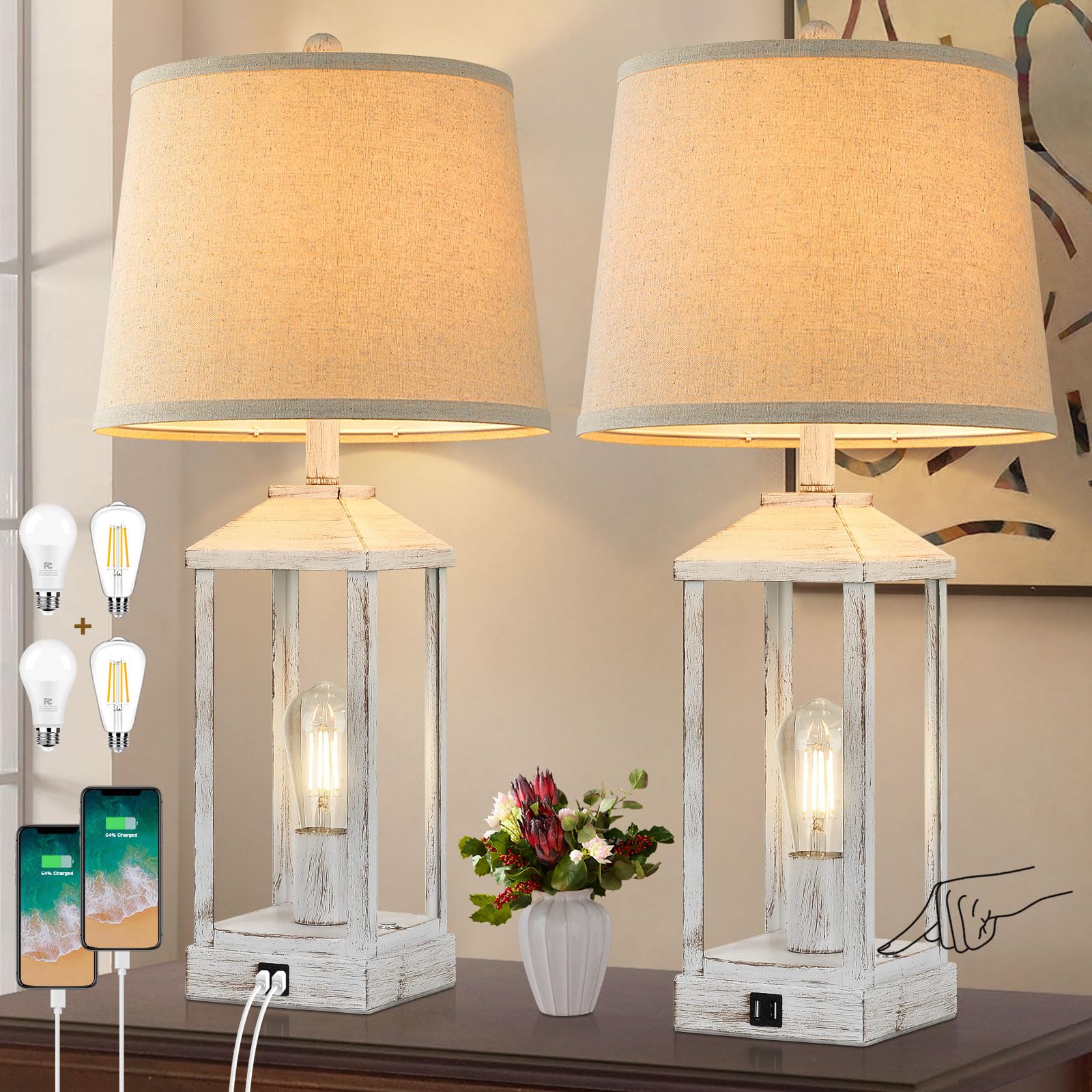 Brightever 28" Farmhouse Table Lamps Set of 2, USB Ports, 3-Way Dimmable, White, Metal, Model TA001-2-00