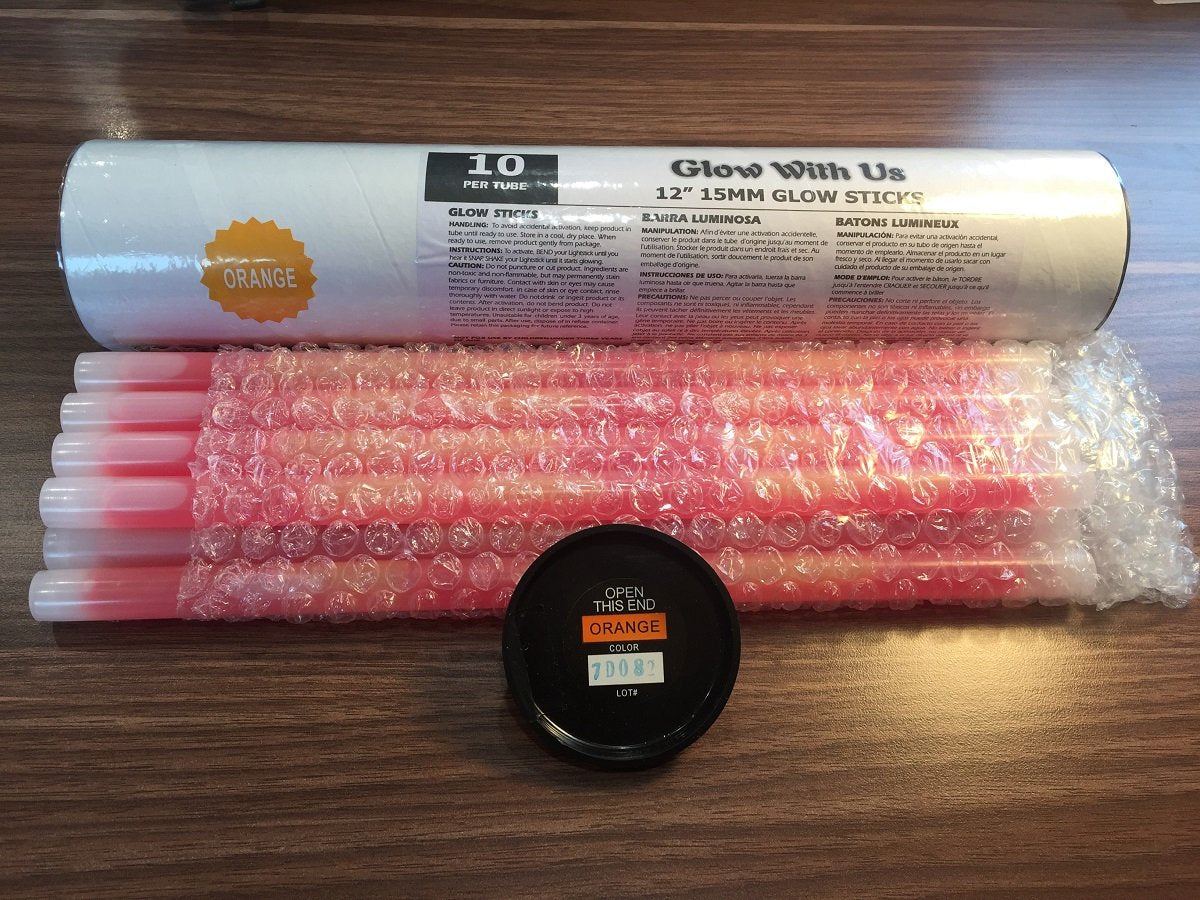 Glow With Us Orange Glow Sticks - 100 Pack, 12” Jumbo, Bright 14-Hour Glow, Cardboard, Ideal for Camping & Emergencies