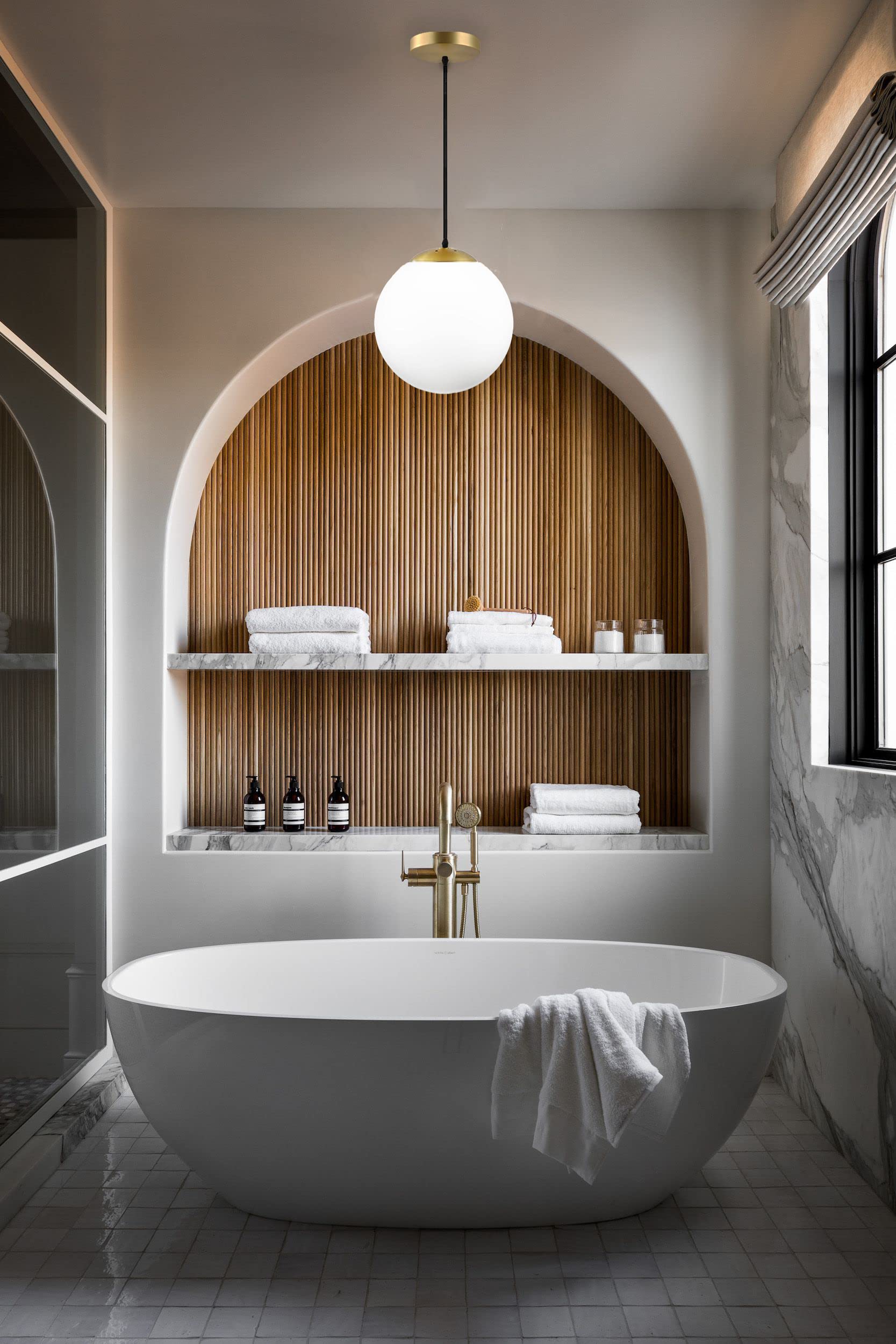 Koko&Yukina Modern Globe Pendant Light, Opal & Brass, 8&quot; Adjustable Fixture For Home Decor