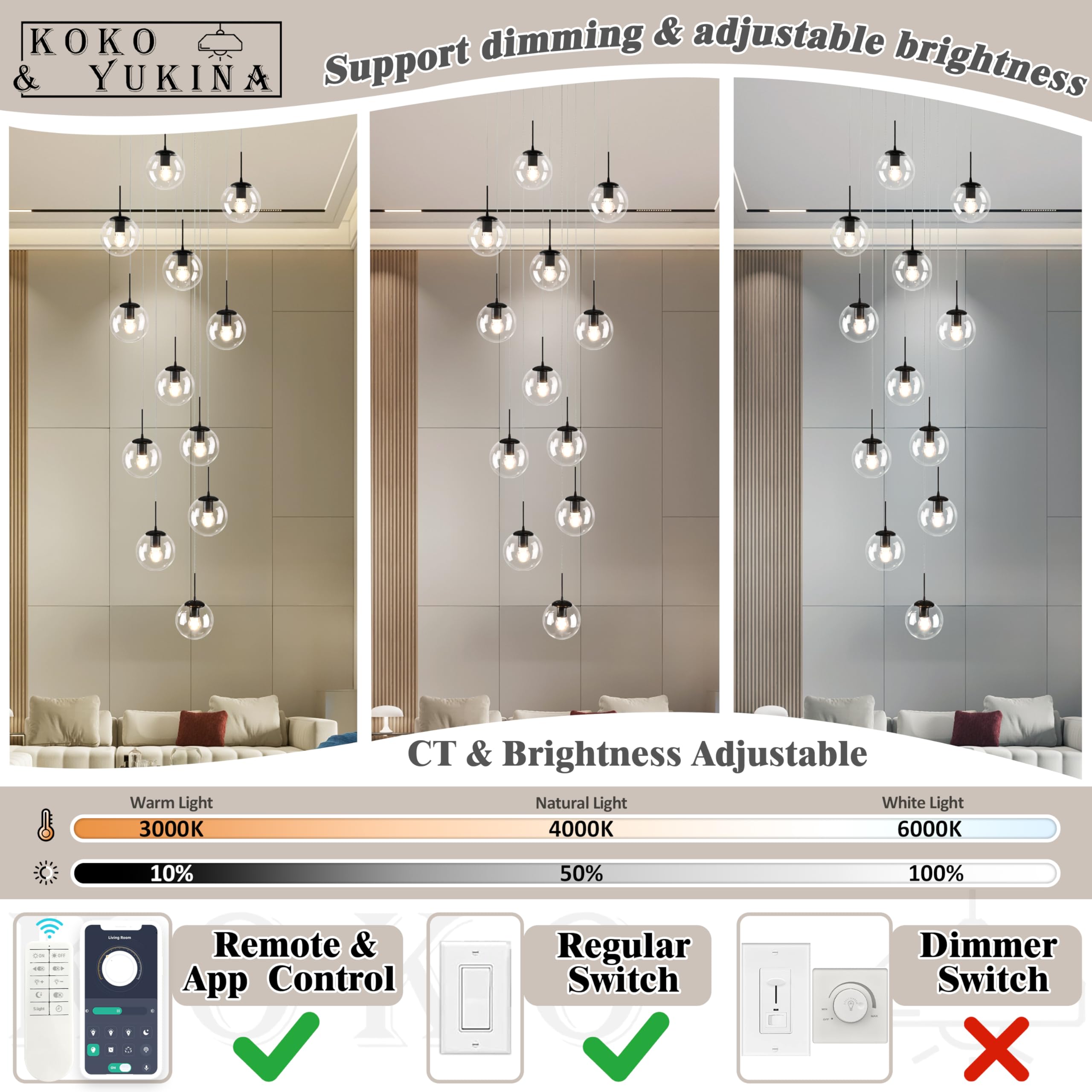 Koko&Yukina 12-Light Black Mid Century Modern Chandelier For Living Room Staircase Chandelier For Entryway Clear Globe Glass Cha