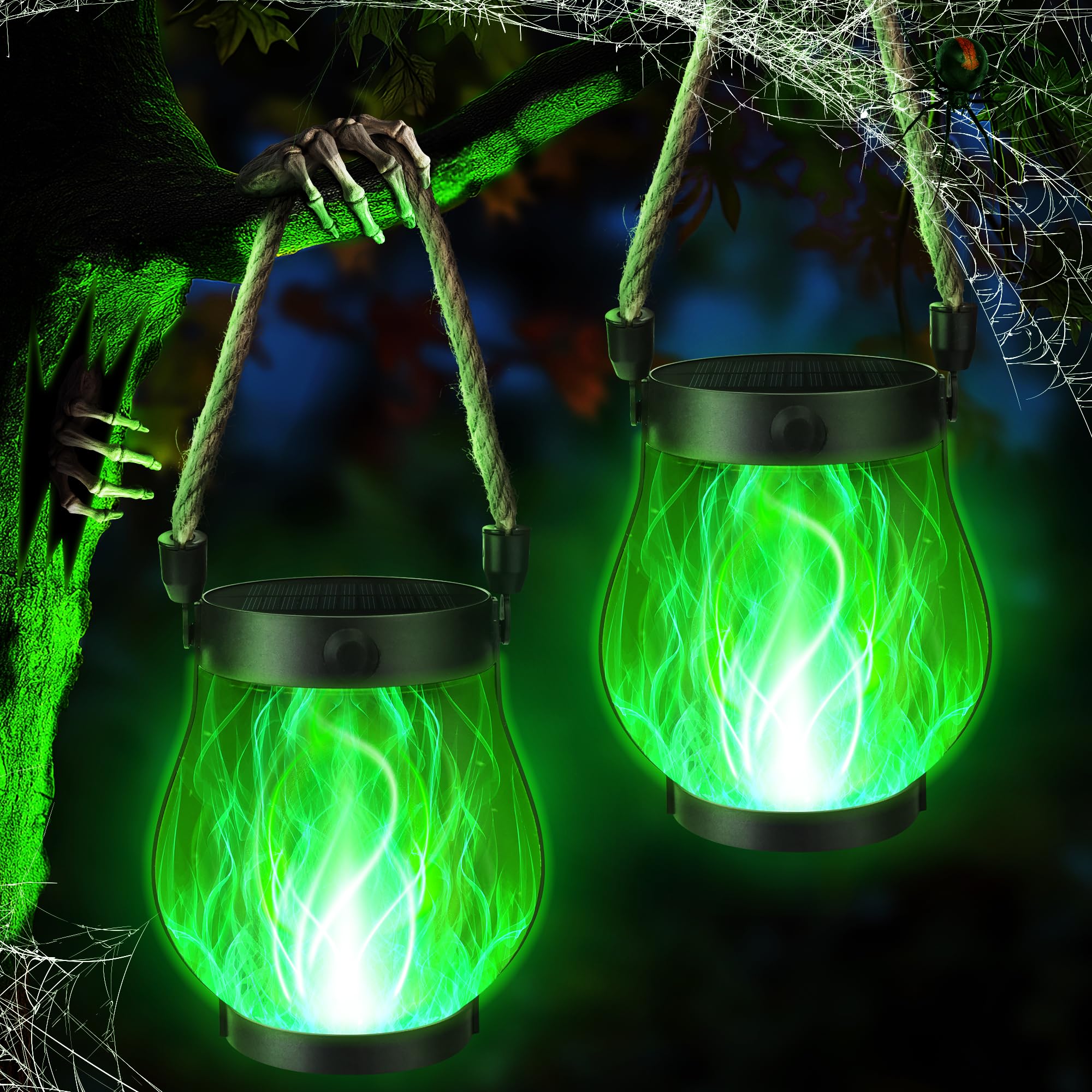 Ibaycon 2 Pack Solar Lanterns Lights  Halloween Flickering Flame Garden Lights With 2 Modes Dual Charging Usb & Solar  Outdoor Waterproof Hanging Lantern For Party Holiday Halloween Decor (Green)