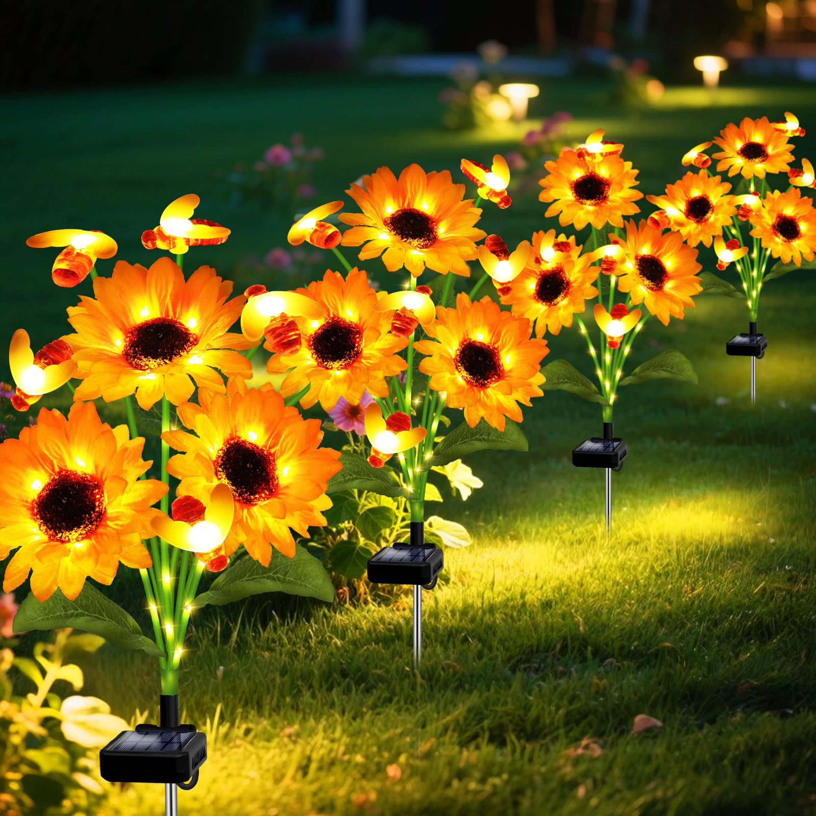 ANGMLN Solar Garden Lights 6 Pack, Waterproof Warm White Swaying Bee Lights with Sunflowers, Model XM-6Tsunflowerbee-6