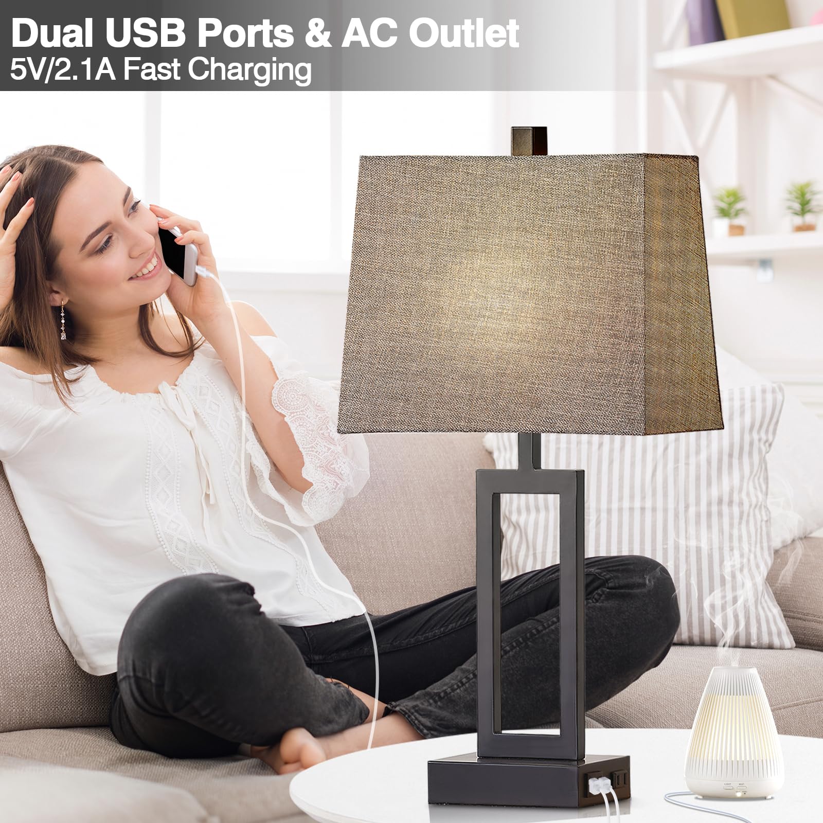 Rinweey Touch Control Table Lamps Set of 2, 3-Way Dimmable, USB Ports & AC Outlet, Gray, Large, LED Bulb Included