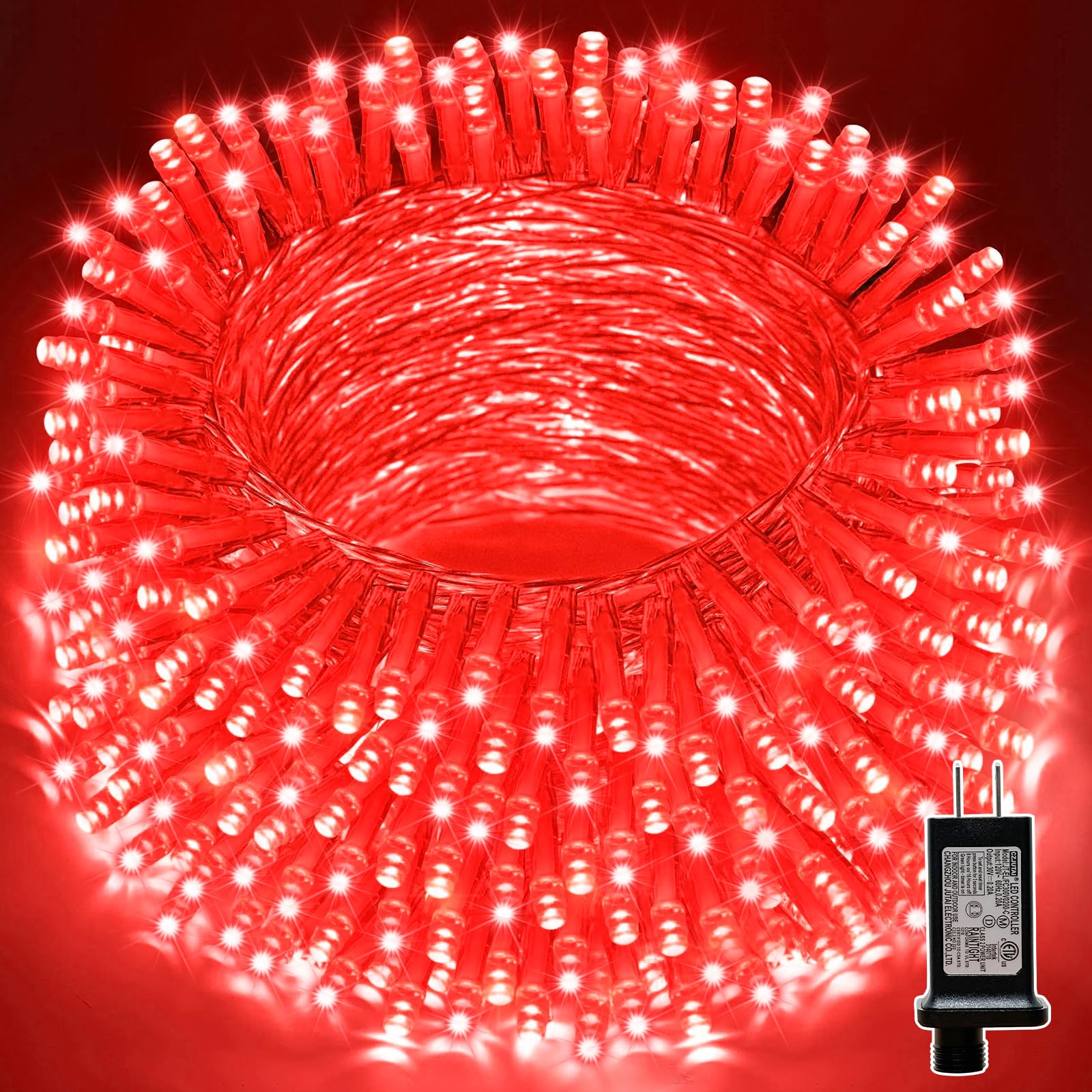 LAMPHOME 100 LED Mini Christmas String Lights, 33ft Transparent Wire, 11 Lighting Modes, Red, Model YHLL-100F