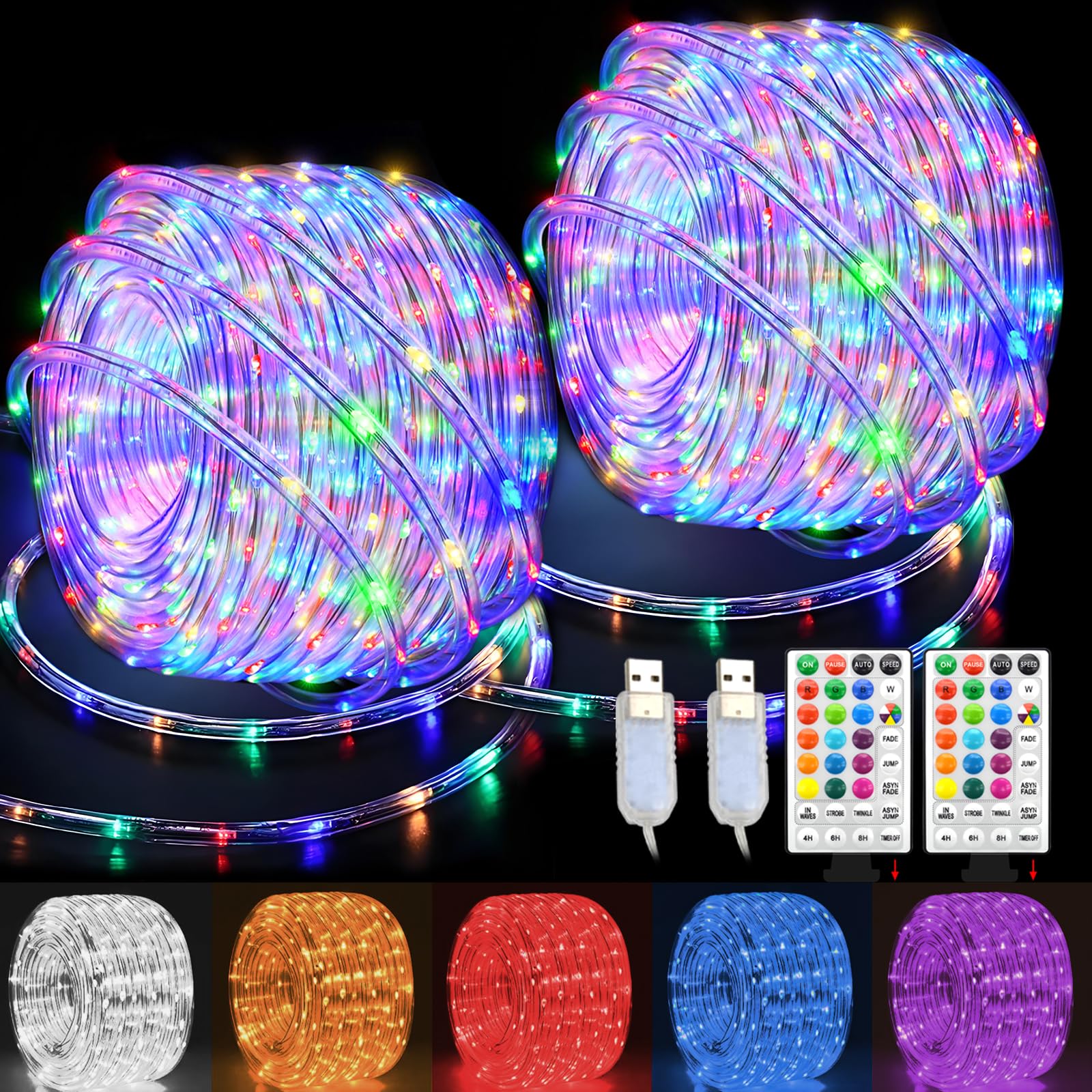 GLPE LED Rope Lights Indoor with USB Powered, 66Ft (33Ft X 2 Pack) 200 LED String Lights Outdoor with Remote,16 Color Changing Rope Lights for Outside Garden Party Wedding Christmas
