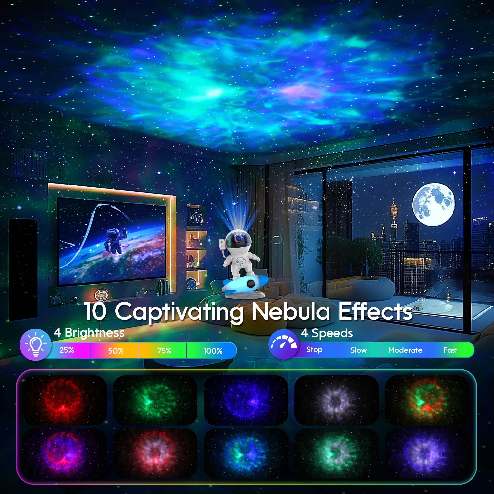 FlyEagle Astronaut Galaxy Projector with Remote Control, Bluetooth Speaker, LED Night Light, White, Model BL-HJ07