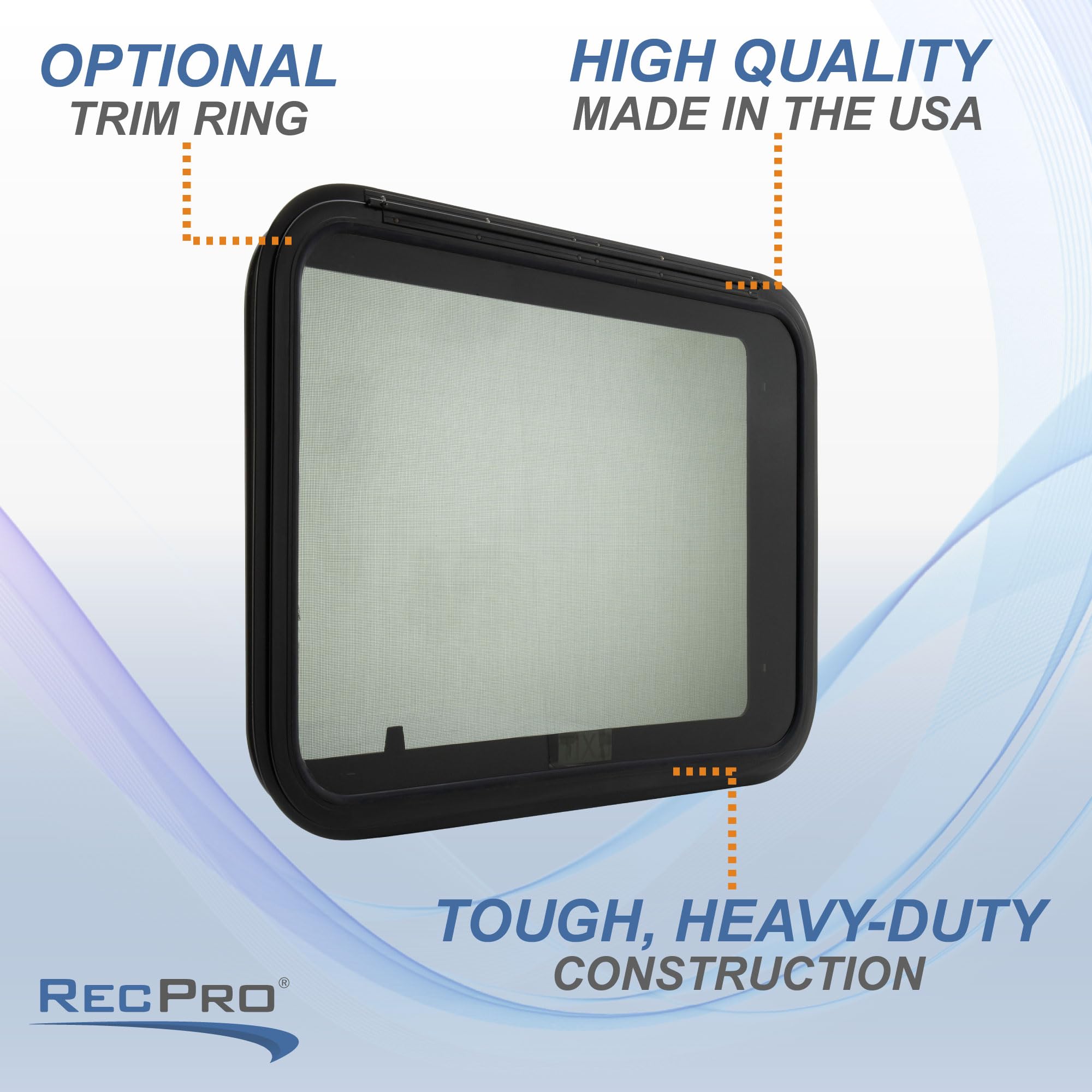 RecPro RV Exit Window 30" x 22" with Trim Ring - Black Tempered Glass Replacement (Model RP-WINX) - Made in USA