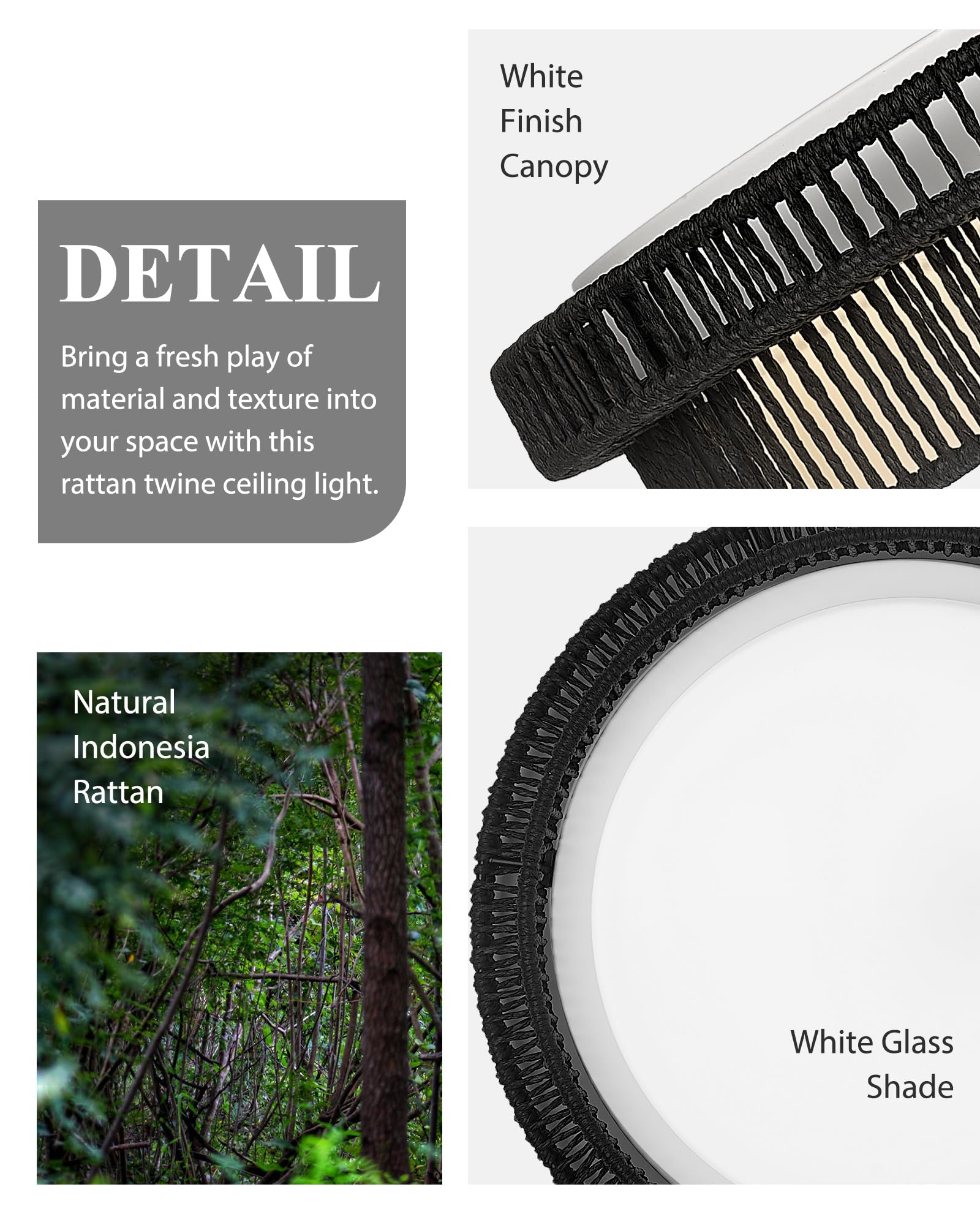 HWH INVESTMENT Black Rattan Ceiling Light, 24W LED Flush Mount, 15.7 Inch, Model 5HYS78MF-LED BK, Boho Twine Coastal Lighting