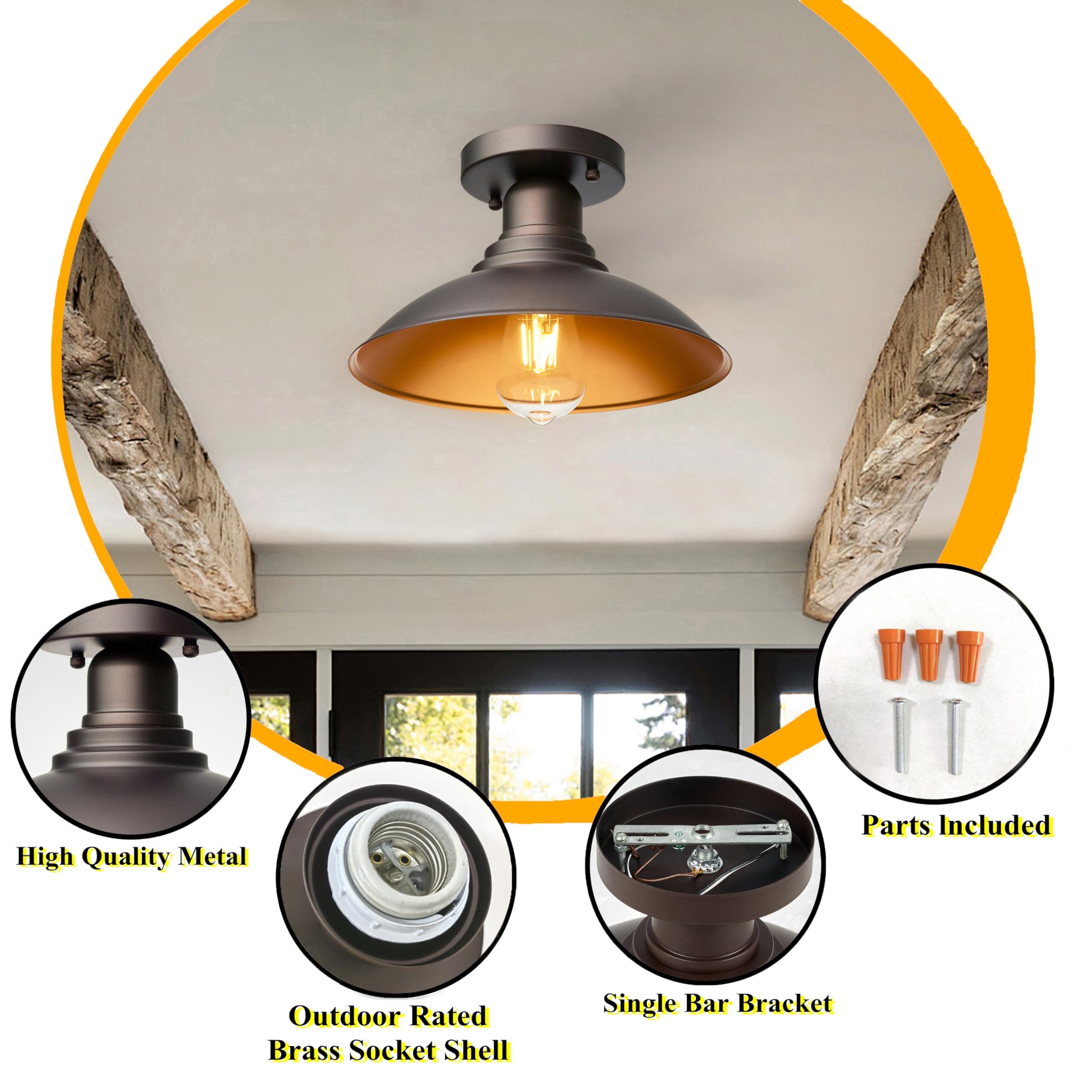 FLALINKO Outdoor Semi Flush Mount Porch Light, 9" Metal Ceiling Light, Oil Rubbed Bronze with Gold Accents, E26 Socket, Model F222003