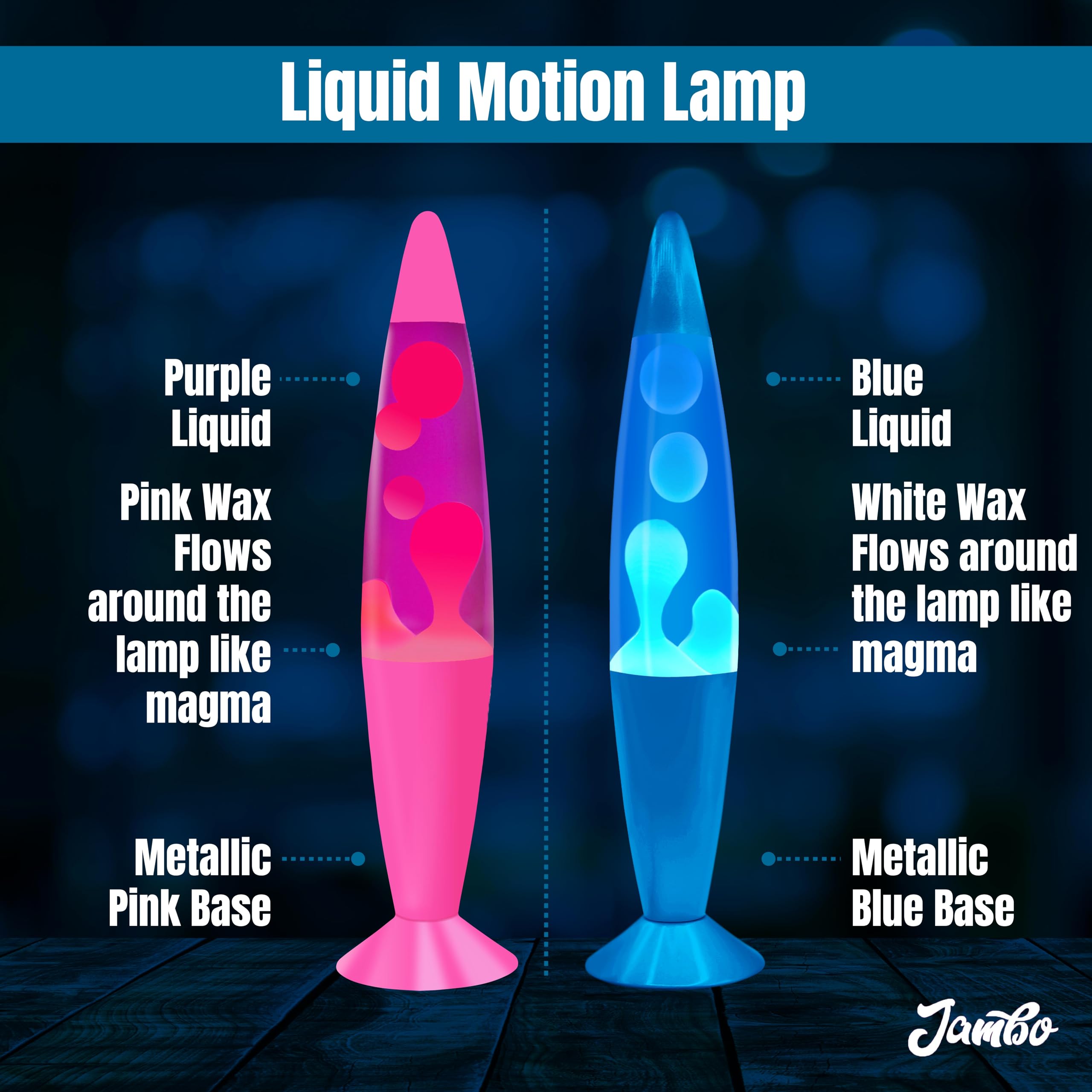 JAMBO Motion Lamp Double Pack - 16in Aluminum, Blue and Pink Bases, Relaxing Liquid Night Light
