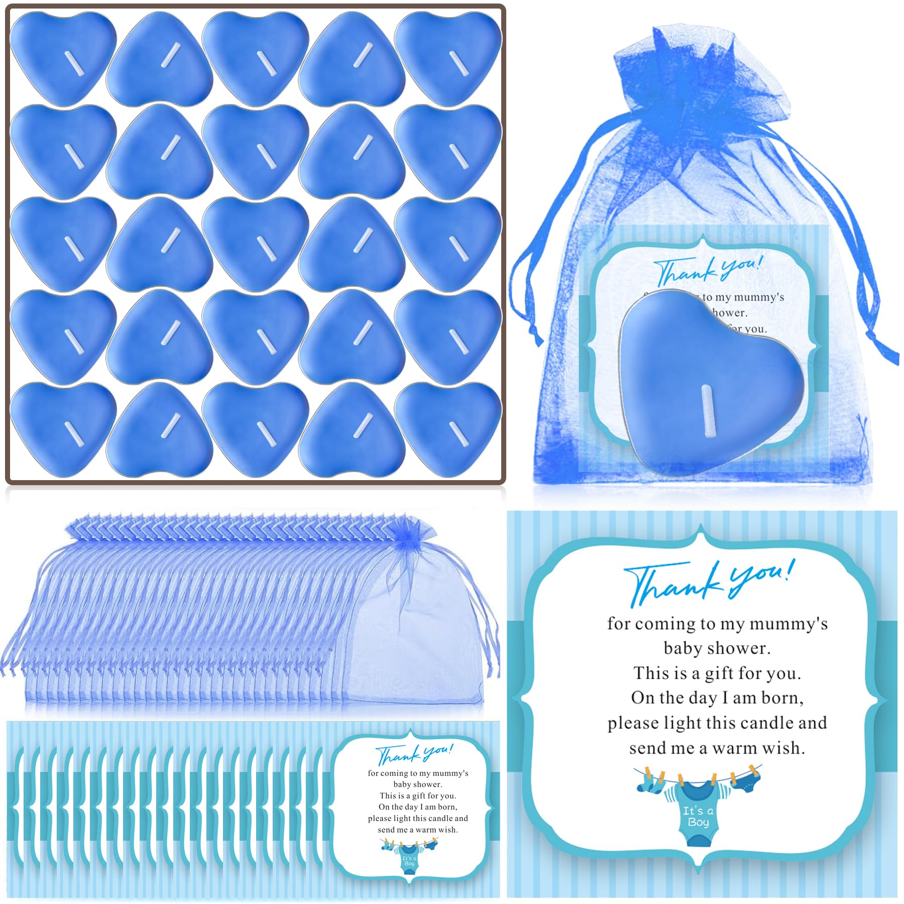 50 Sets Boy Baby Shower Party Favors with Heart Candle Organza Bags and Thank You Cards, Perfect for Baby Shower Gender Reveal, 
