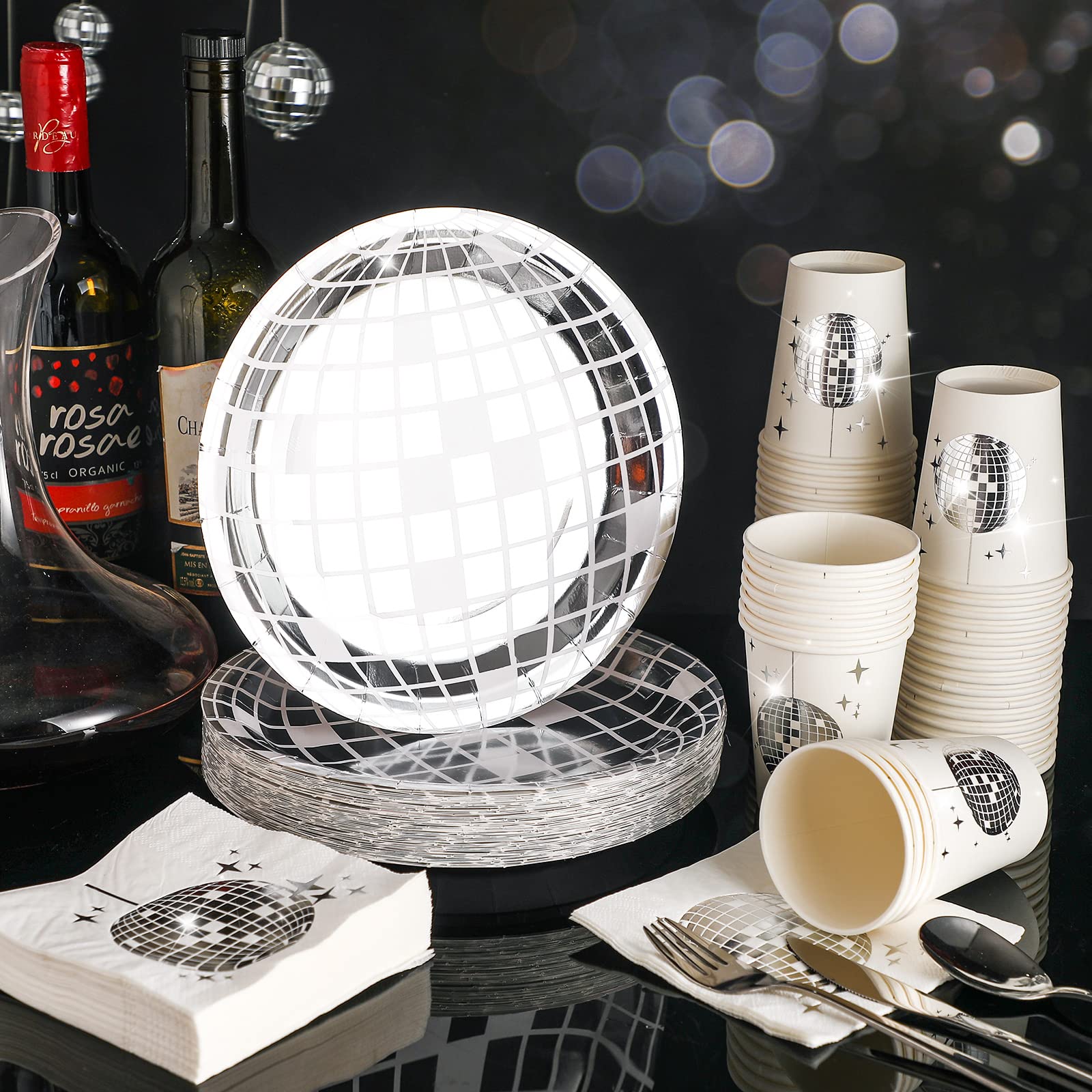 Gerrii Disco Party Supplies Set - 50 Paper Dinner Plates, 50 Silver Cups, 50 Cocktail Napkins - White and Silver - Model: Gerrii-Disco Party-70