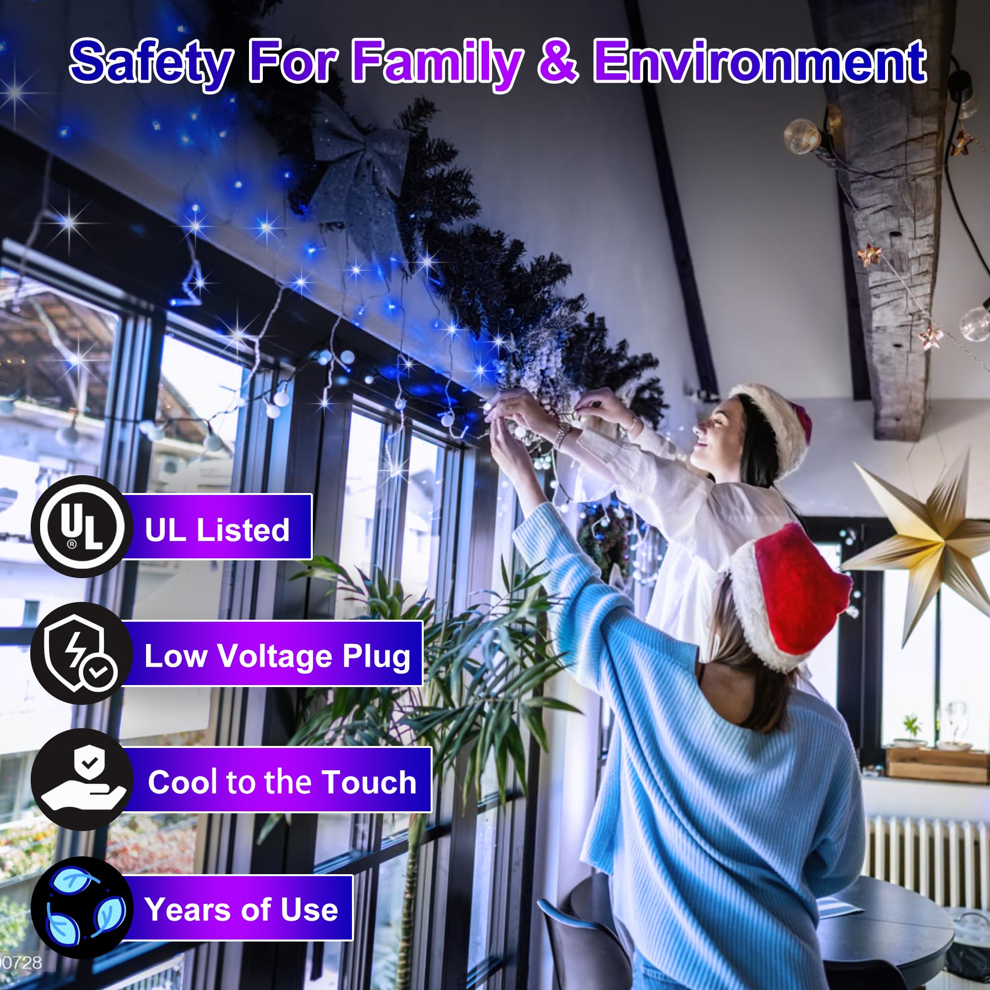 QUHUATU LED Christmas Outdoor Lights, 164ft Curtain Lights, 360 Drops, 8 Modes, Waterproof, Blue, Model WX-1620L
