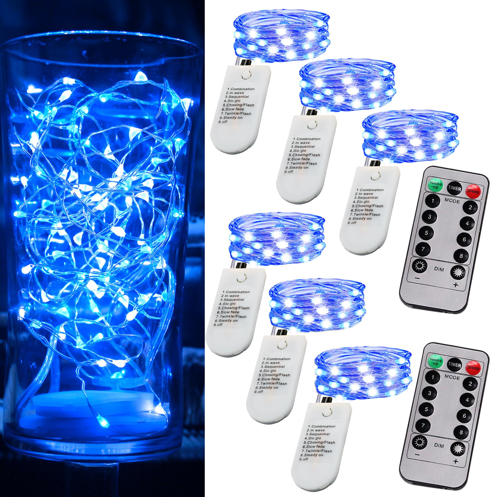 6 Pack Fairy Lights Battery Operated String Lights with Timer 2PCS Remote 6.5ft 20LED Blue Twinkle Lights Waterproof Silver Wire Firefly Lights DIY Mason Jar Crafts Wedding Party Christmas Table