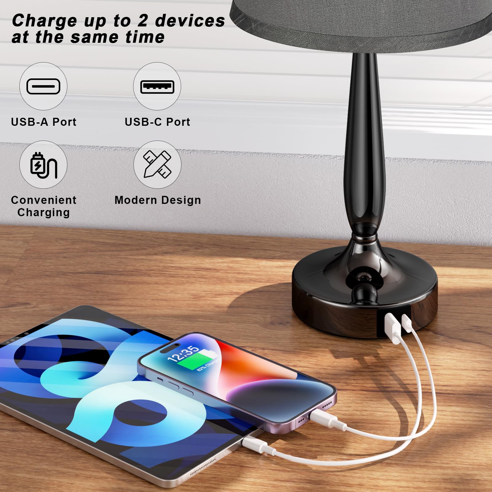 Kakanuo Touch Table Lamp - 3 Way Dimmable, USB C Charging, Metal, A-Gray, LED Bulb Included for Bedroom, Living Room, Office