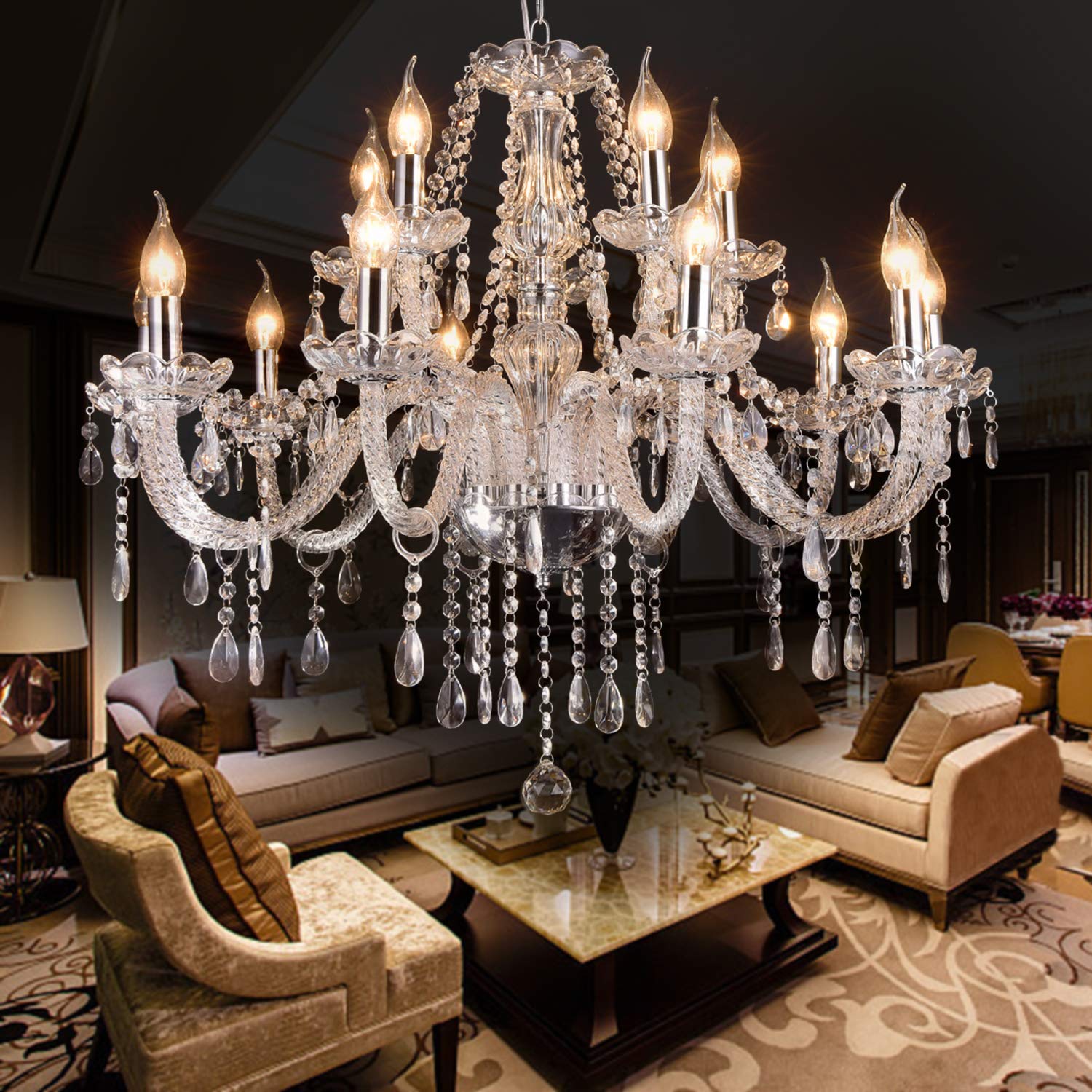 Baotree Crystal Chandelier Pendant Light, 15 Lights, Aluminum, Transparent, XX-Large 15 Arm, European Style for Dining Living Room Bedroom