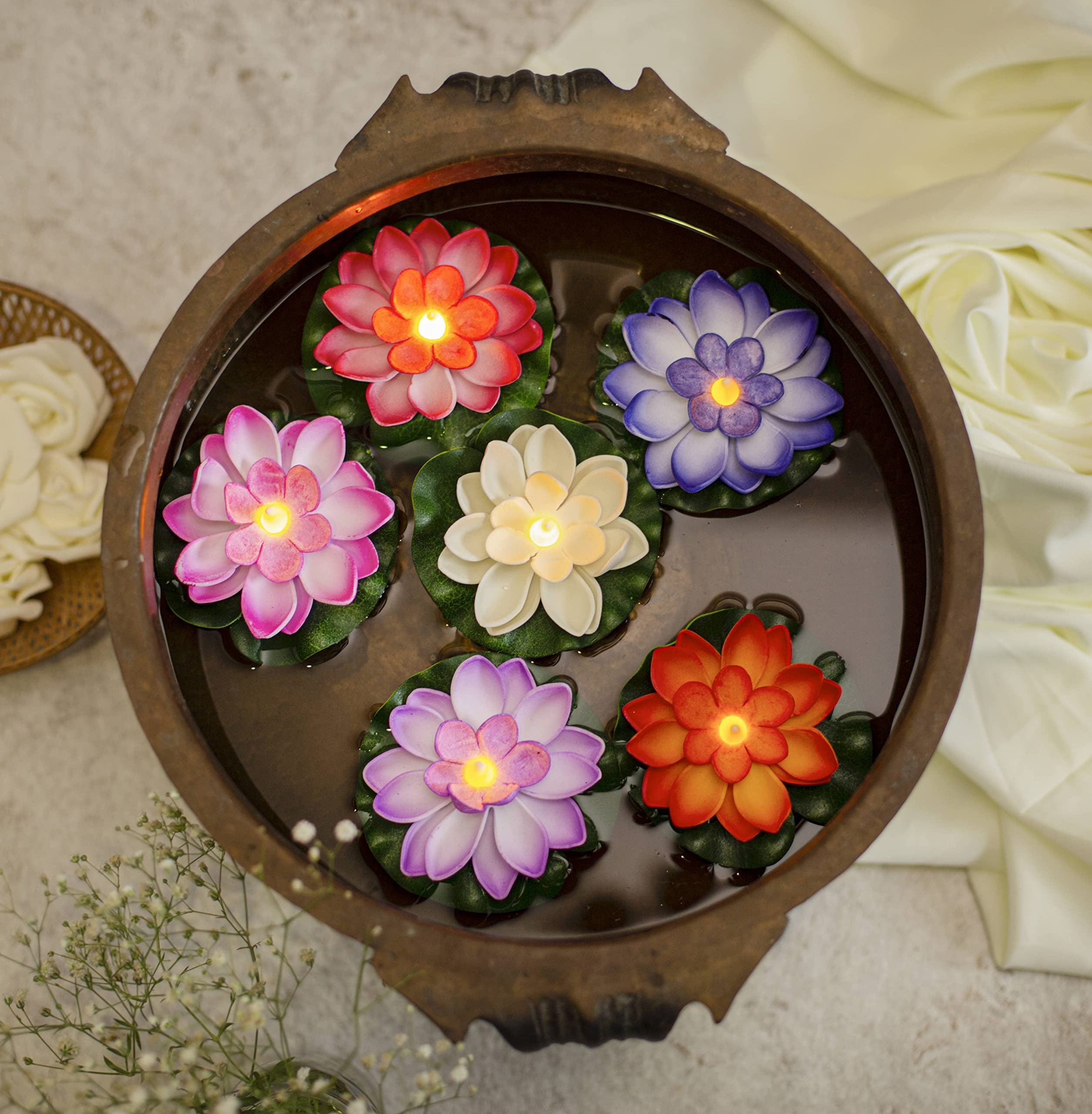 SATYAM KRAFT 4 Pcs Sensor Water Floating Diyas Smokeless Flameless Candles Lotus Flowers Led Tea Light Candle for Pool, Pond, Gl
