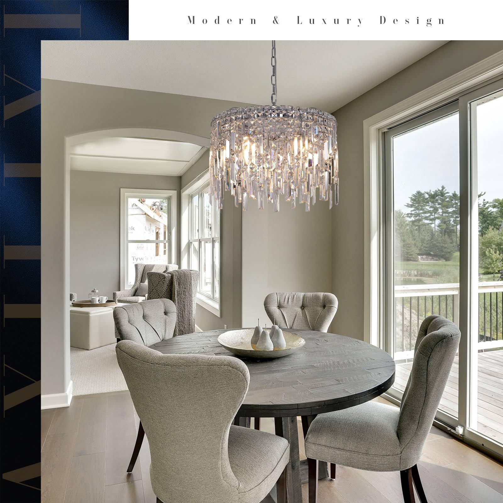 A Axilixi Round Crystal Chandelier Modern 20'' Drum Chandelier With Chain Chrome Adjustable K9 Raindrop Crystal Ceiling Pendant
