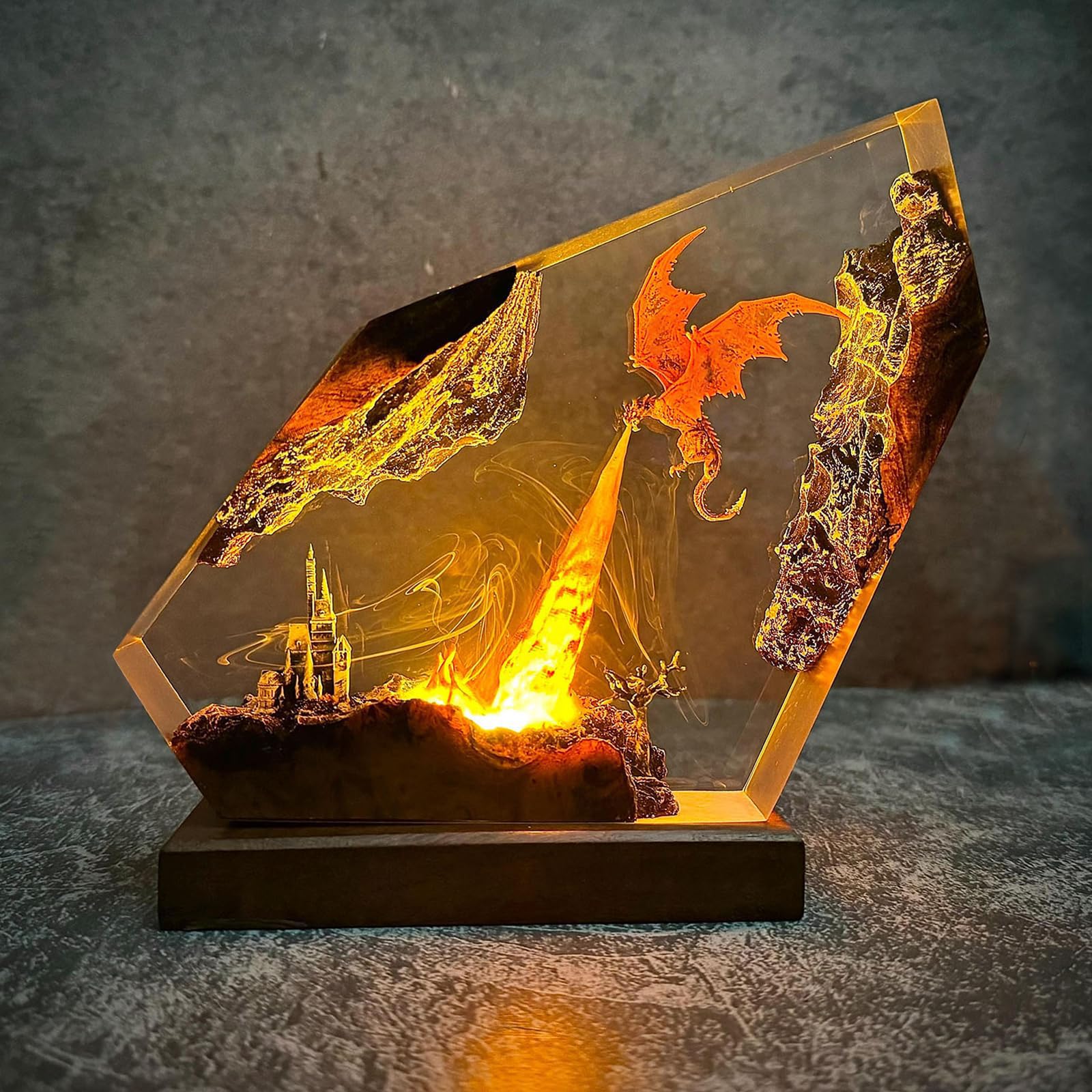 MASDEC Fire Resin Dragon Lamp, Handmade 3D Dragon RGB Night Light for Bedroom Office, Fantasy Dragon Gifts for Enthusiast Collec