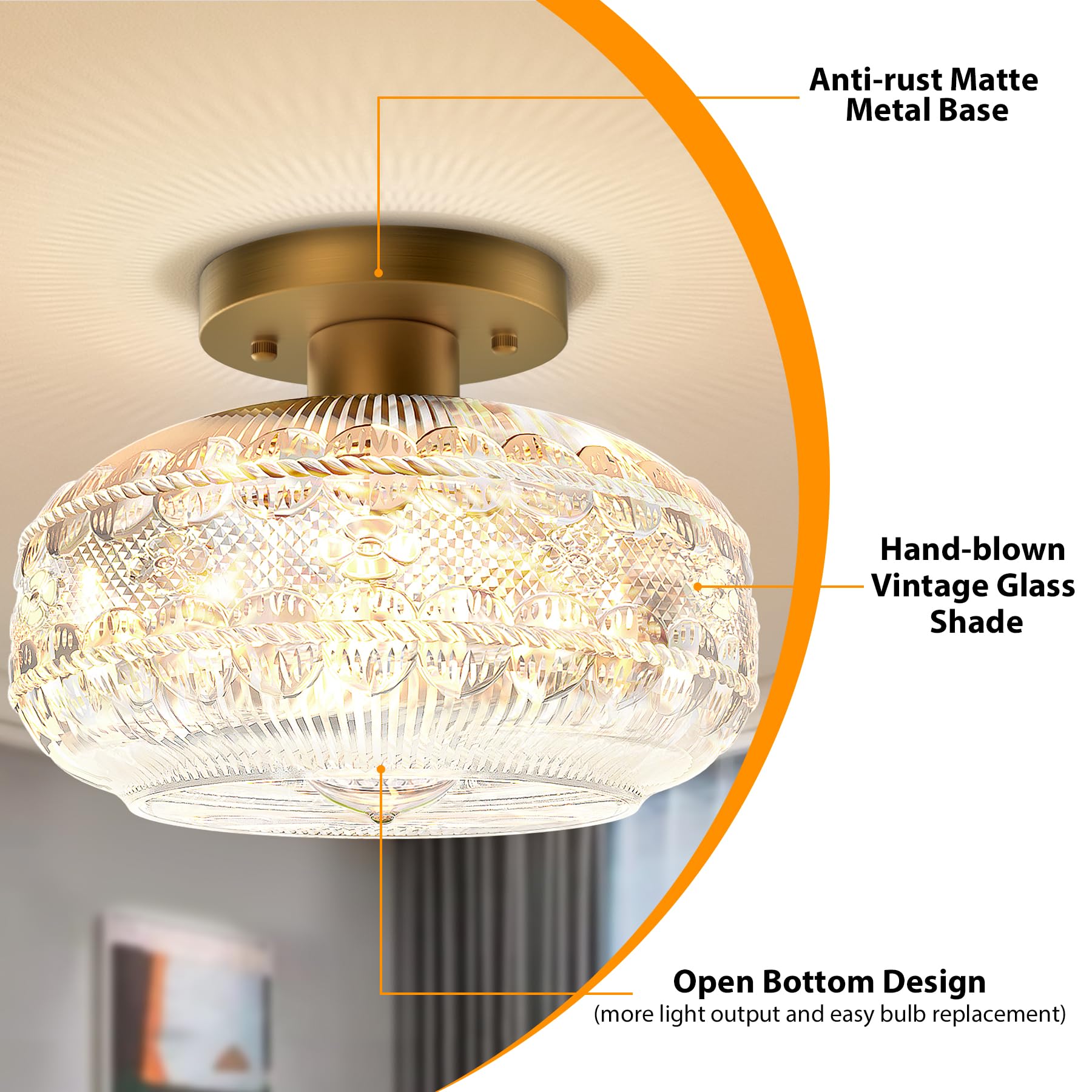 Industrial Semi Flush Mount Ceiling Light Fixture,Gold Globe Glass Hallway Lights Fixtures Ceiling,Vintage Ceiling Lights,Farmho