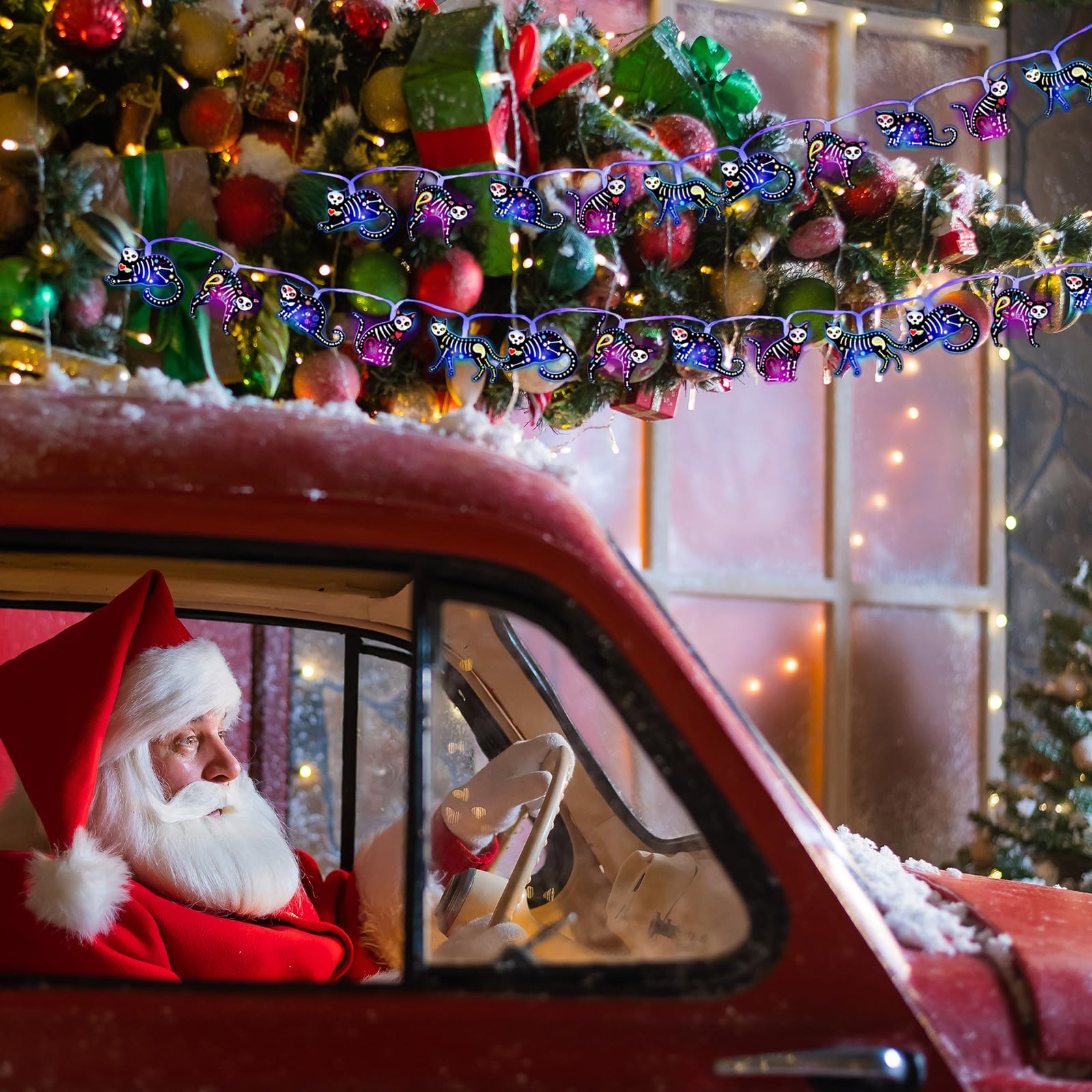 Ganeen Christmas Cat Decorations Christmas Cat Horror Ornaments for Tree 10 ft 20 LED LED Lights Battery Operated