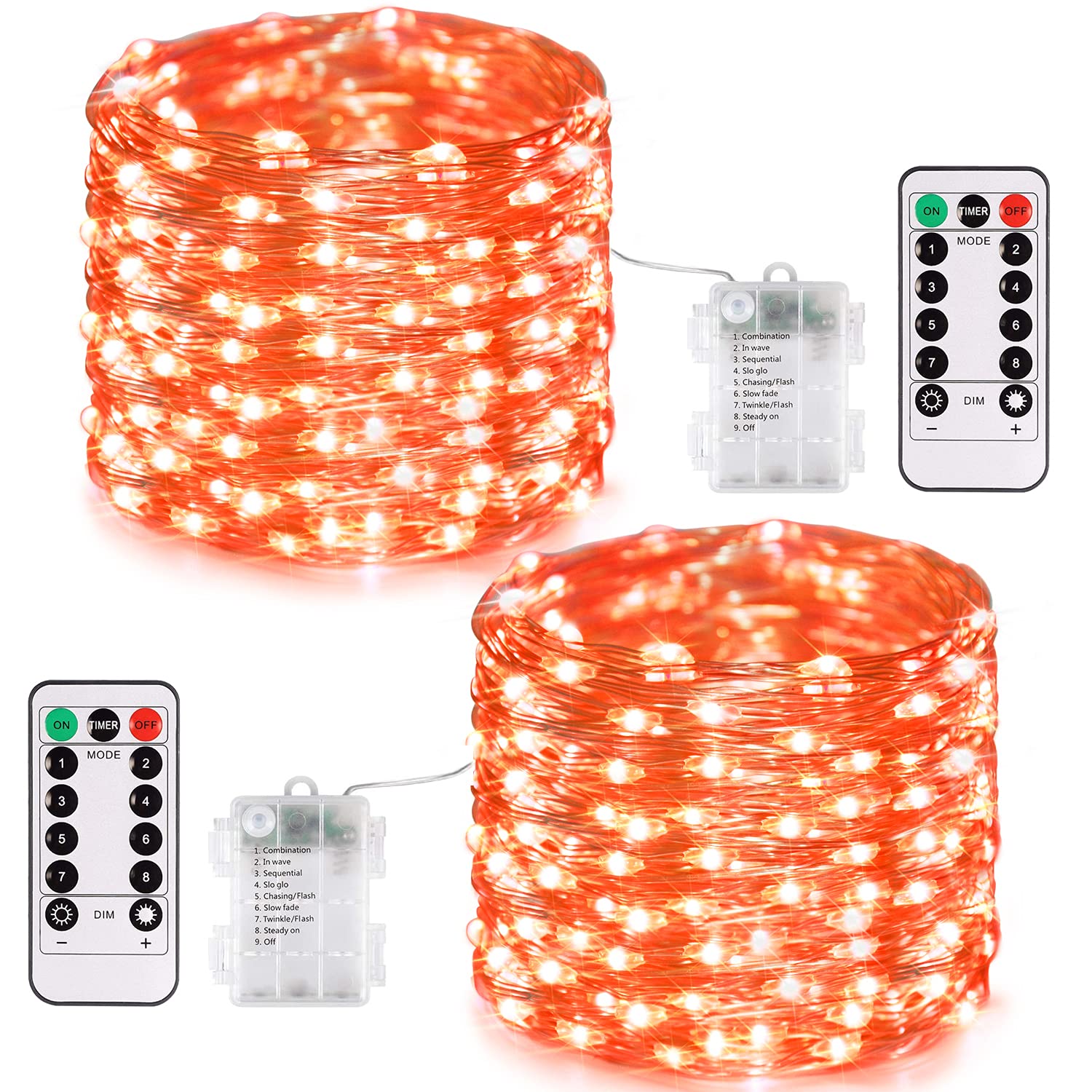 JMEXSUSS 2 Pack 33ft Orange Halloween Fairy Lights, 100 LED Battery Operated with Remote, 8 Modes for Indoor/Outdoor Decoration