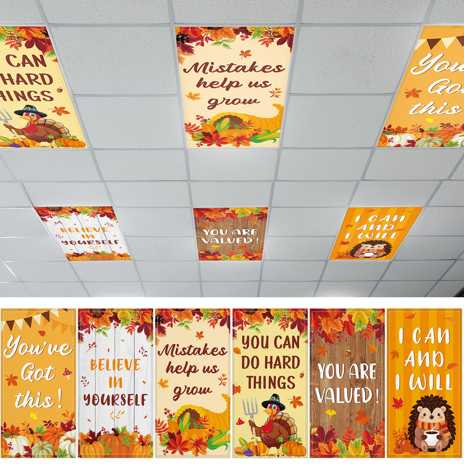 6 Pcs Fluorescent Light Covers With 60 Magnets Decorative For Classroom Ceiling Lights 4 X 2 Feet Magnetic Light Cover Filter Easy Install For Office Hospital Home Ceiling Supplies (Thanksgiving)