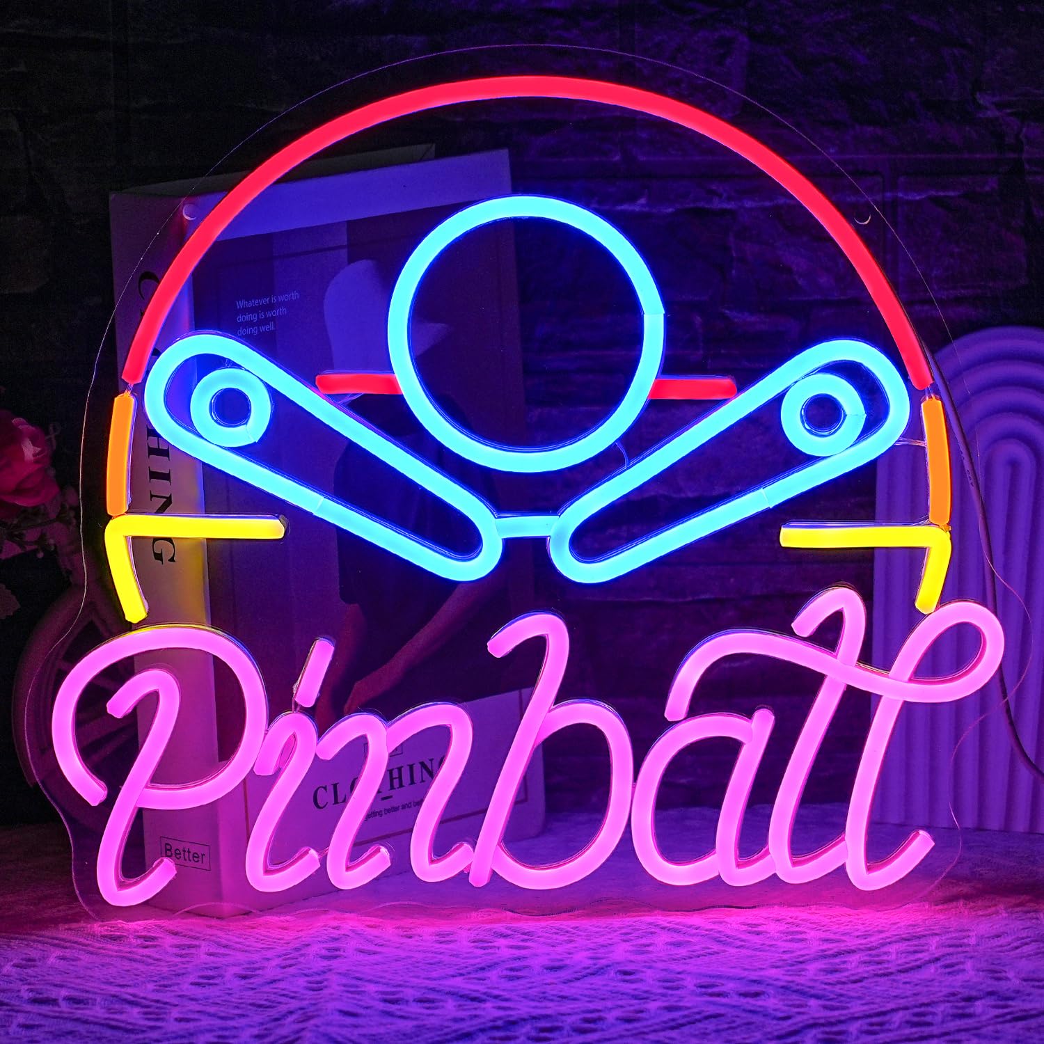 LULANMP Pinball Neon Sign - Colorful LED Acrylic Light for Game Room, 14.6inx12.9in, USB Powered