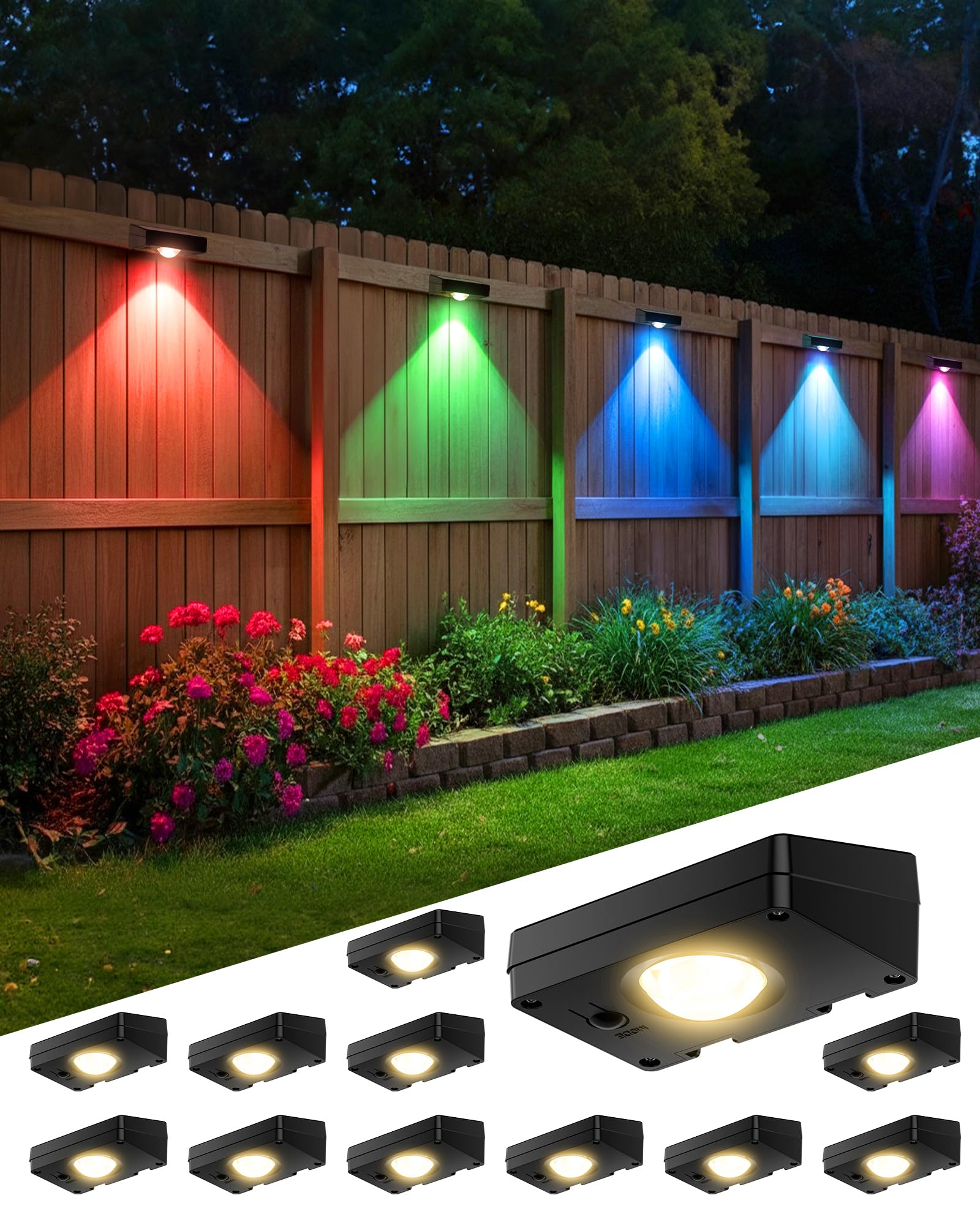 FabStyl Solar Fence Lights Outdoor, 10 RGB Color & 3 Light Mode Fence Lights Solar Powered for Outside Backyard, Railing, Step, 